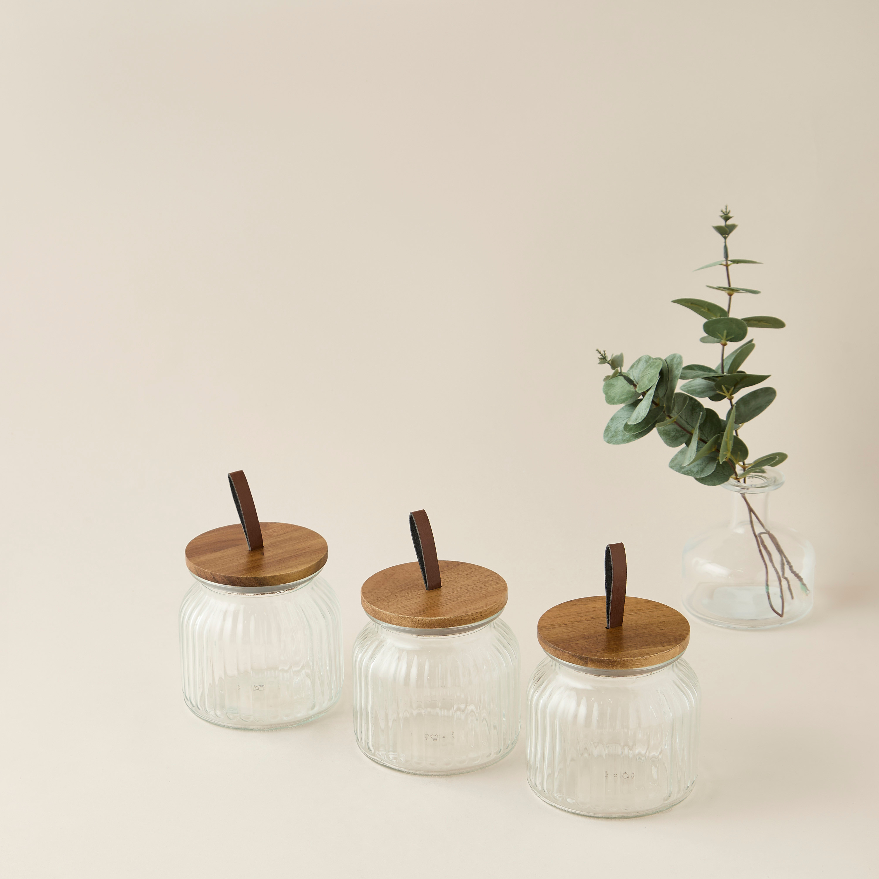 Ribbed 3-Piece Glass Canister Set with Wooden Lid - 720 ml-household-kitchen-foodstorage-containers-image-1