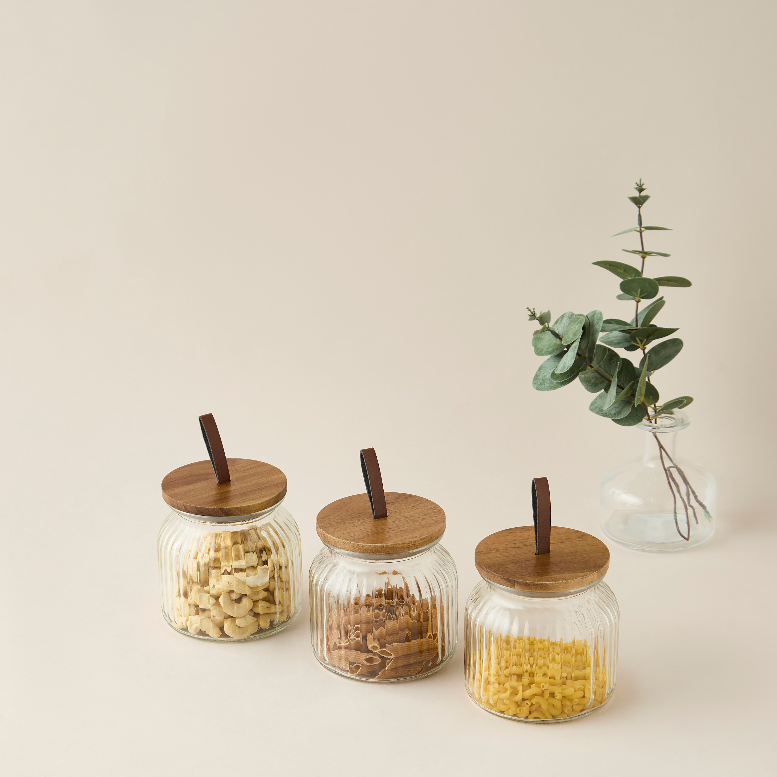 Ribbed 3-Piece Glass Canister Set with Wooden Lid - 720 ml-household-kitchen-foodstorage-containers-image-2