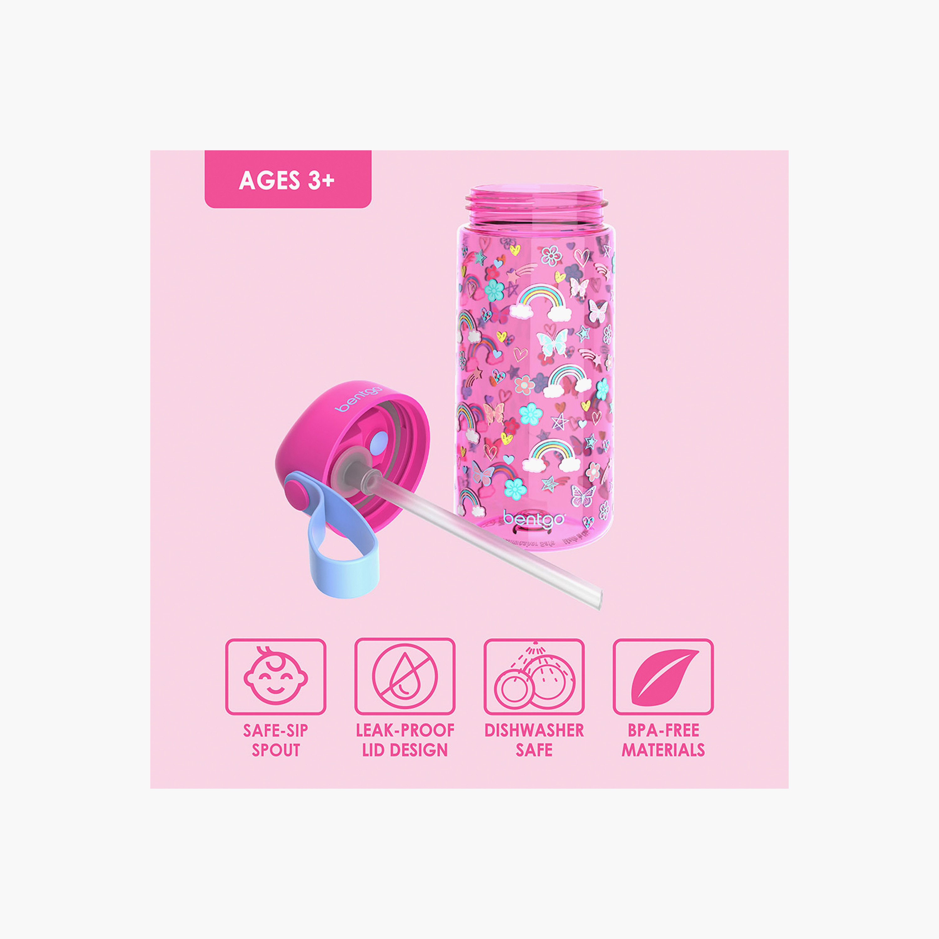 قارورة مياه بطبعات فراشة وقوس قزح من بينتجو - 450 مل-school-lunchessentials-lunchboxes-image-3