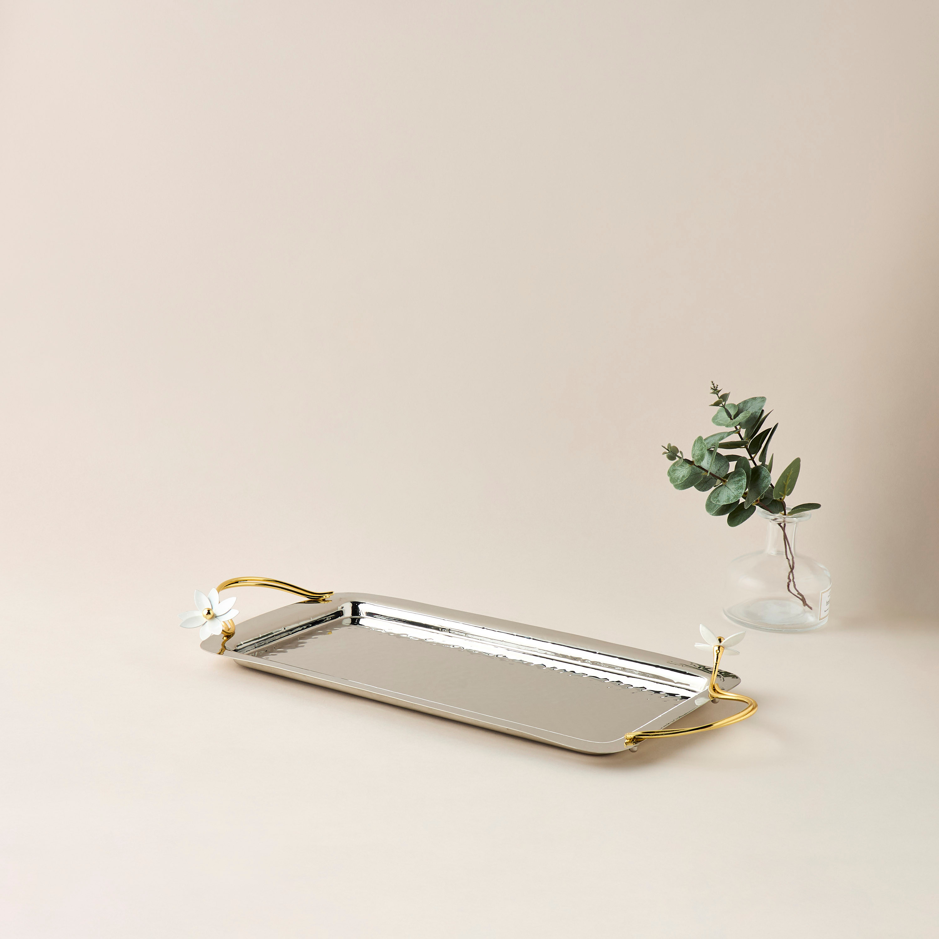 Floral Accent Steel Serving Tray with Handle - 52x24x7 cms-household-dining-serveware-servingtrays-image-1