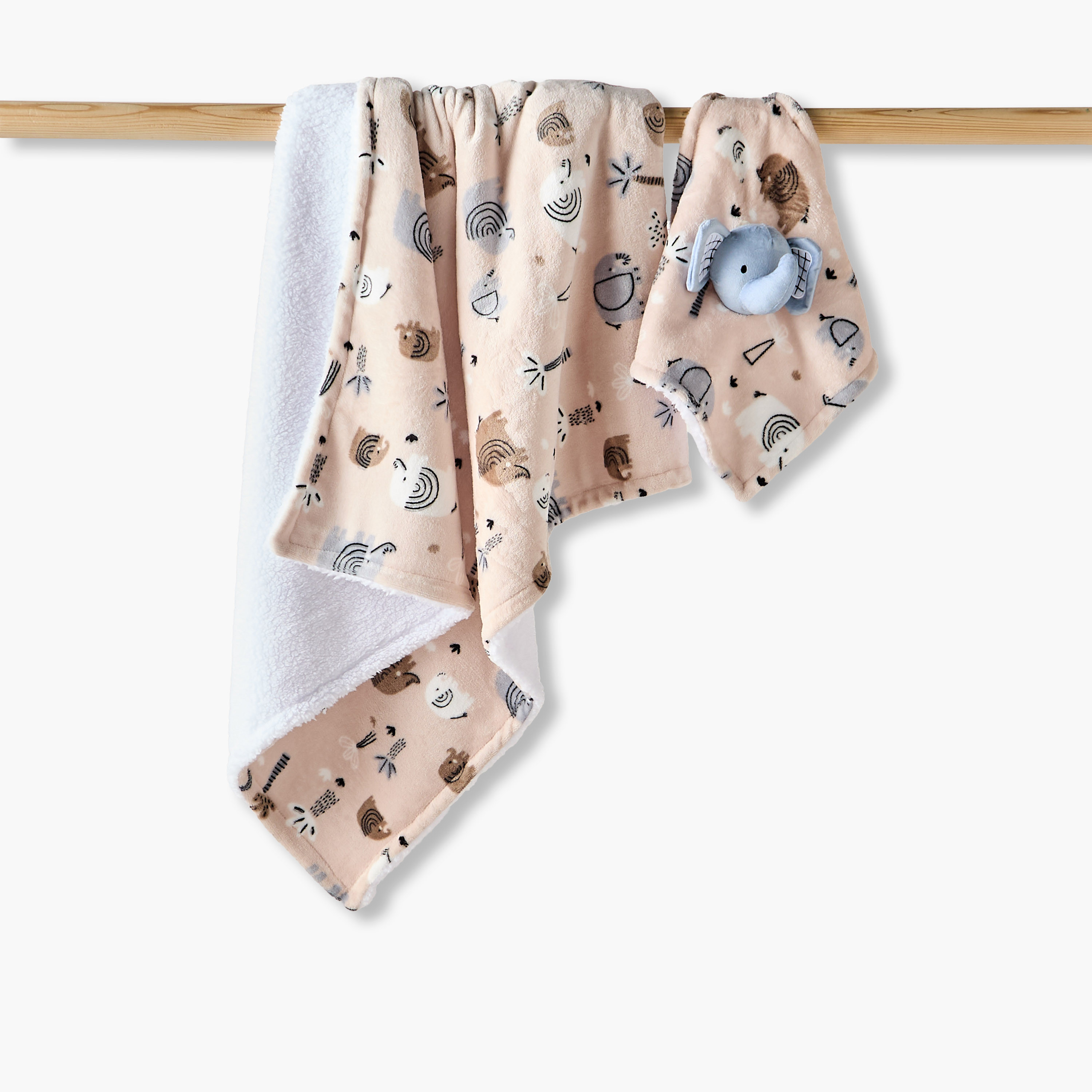 Juniors Raschel Blanket and Security Blanket with Elephant Print, 75x100 cm-baby-nursery-blanketsandswaddles-blanketsandquilts-image-1
