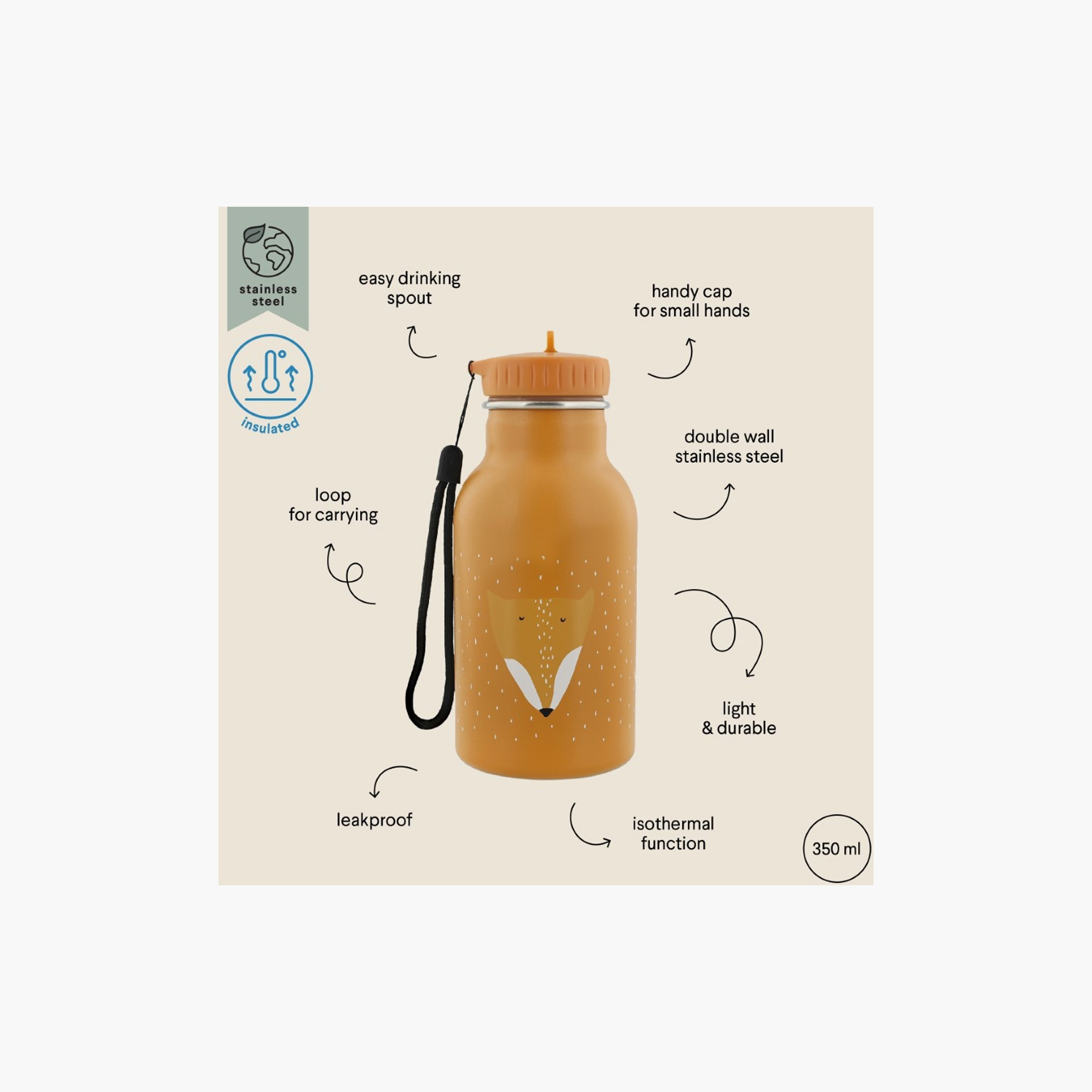 Trixie Mr. Fox Insulated Water Bottle - 350 ml - Orange-school-waterbottles-image-4