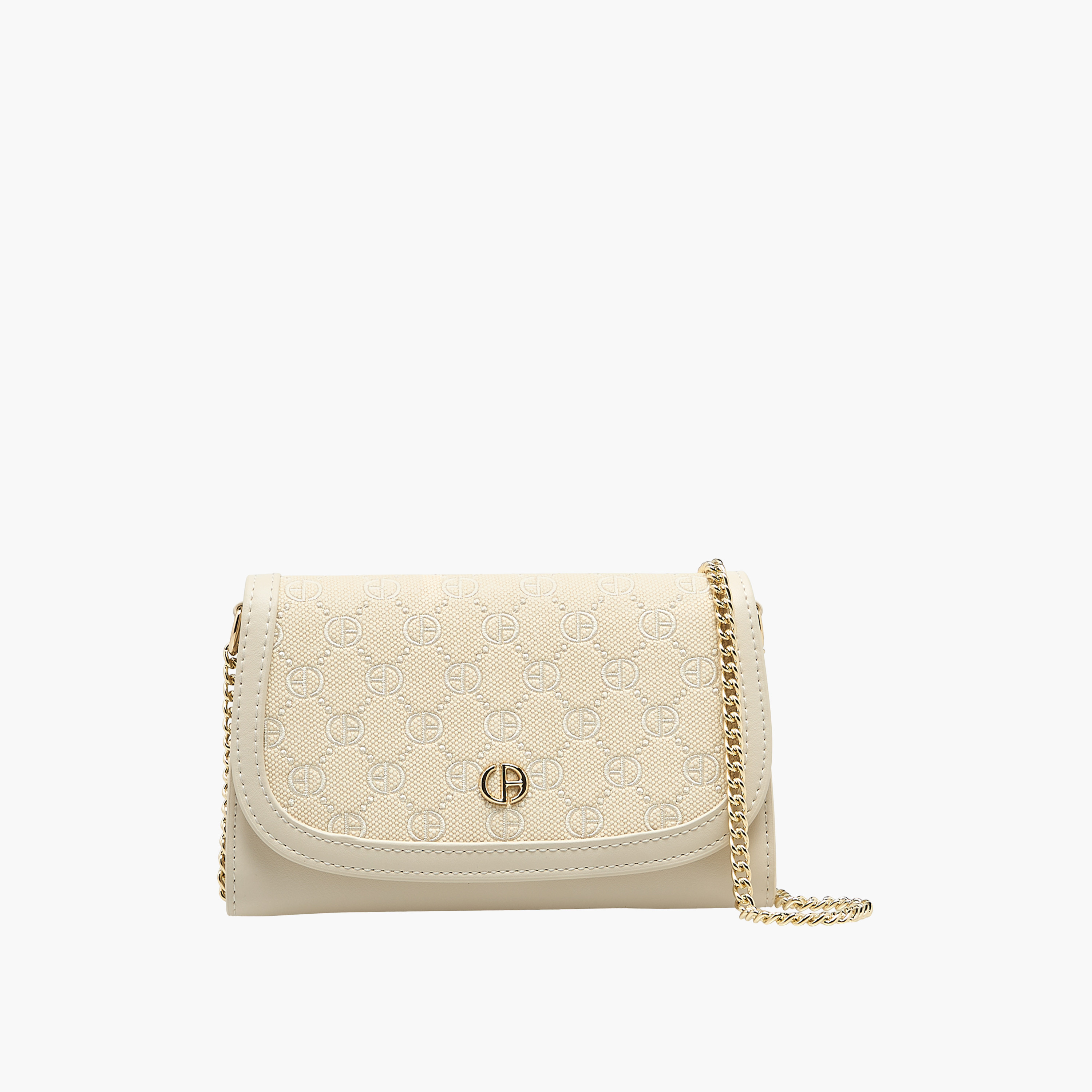شنطة كروس بودي بارزة الملمس بنقوش مونوجرام بحزام سلسلة وطيّة إغلاق من كريسبيلا-women-bagsandwallets-handbags-image-1