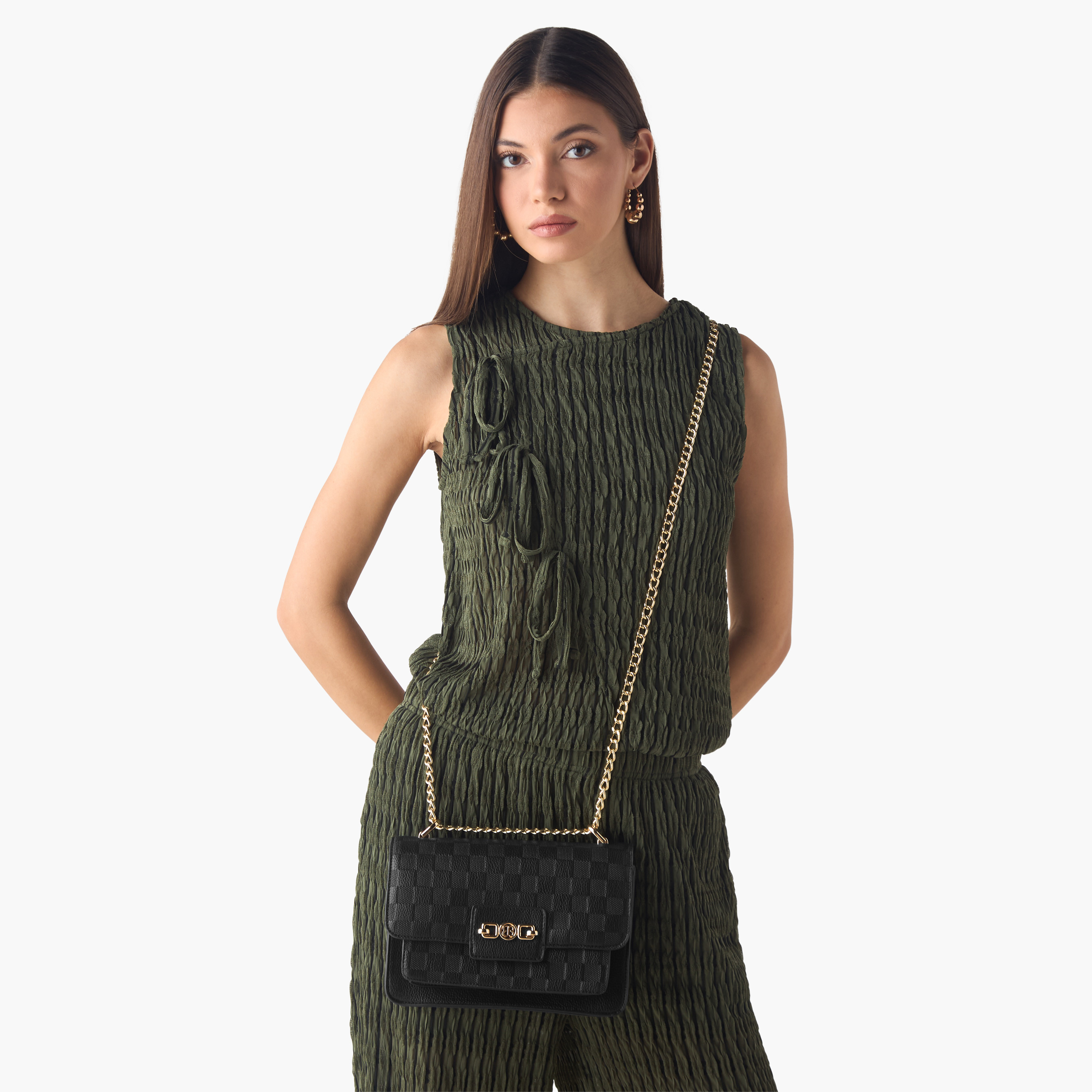 Bessie London Checked Embossed Crossbody Bag with Chain Strap-women-bagsandwallets-handbags-image-2
