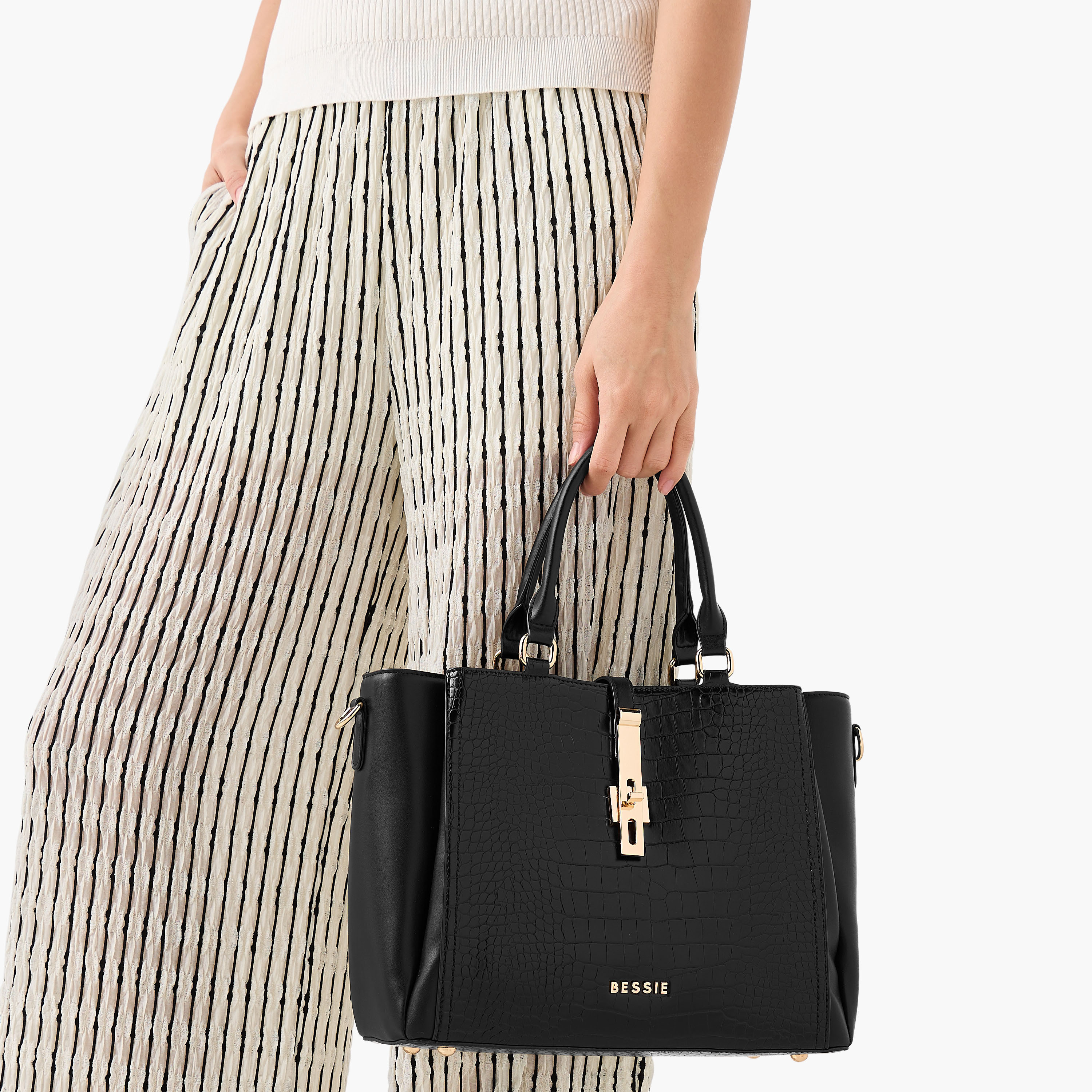 Bessie London Textured Tote Bag with Twist Lock Closure-women-bagsandwallets-handbags-image-2