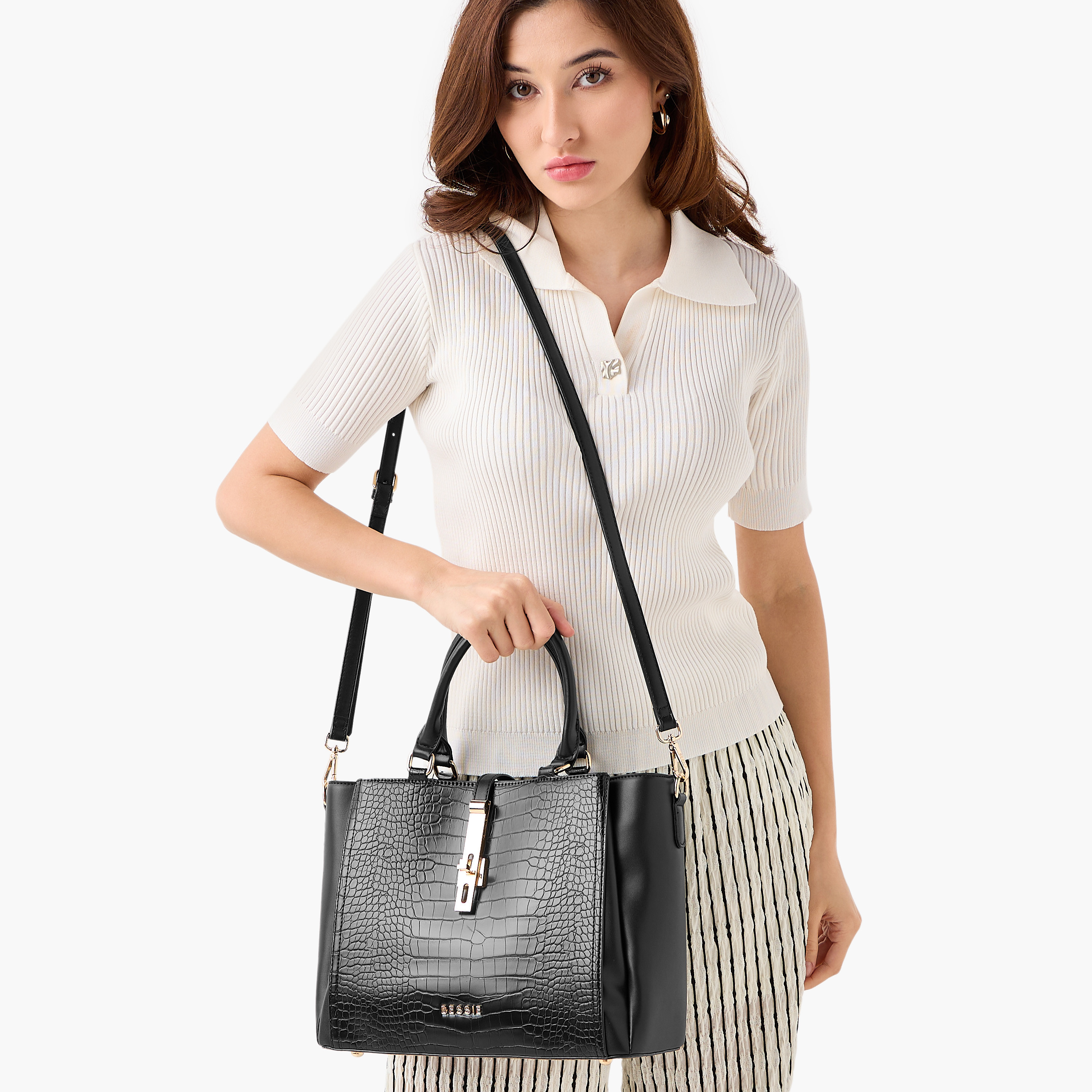 Bessie London Textured Tote Bag with Twist Lock Closure-women-bagsandwallets-handbags-image-8