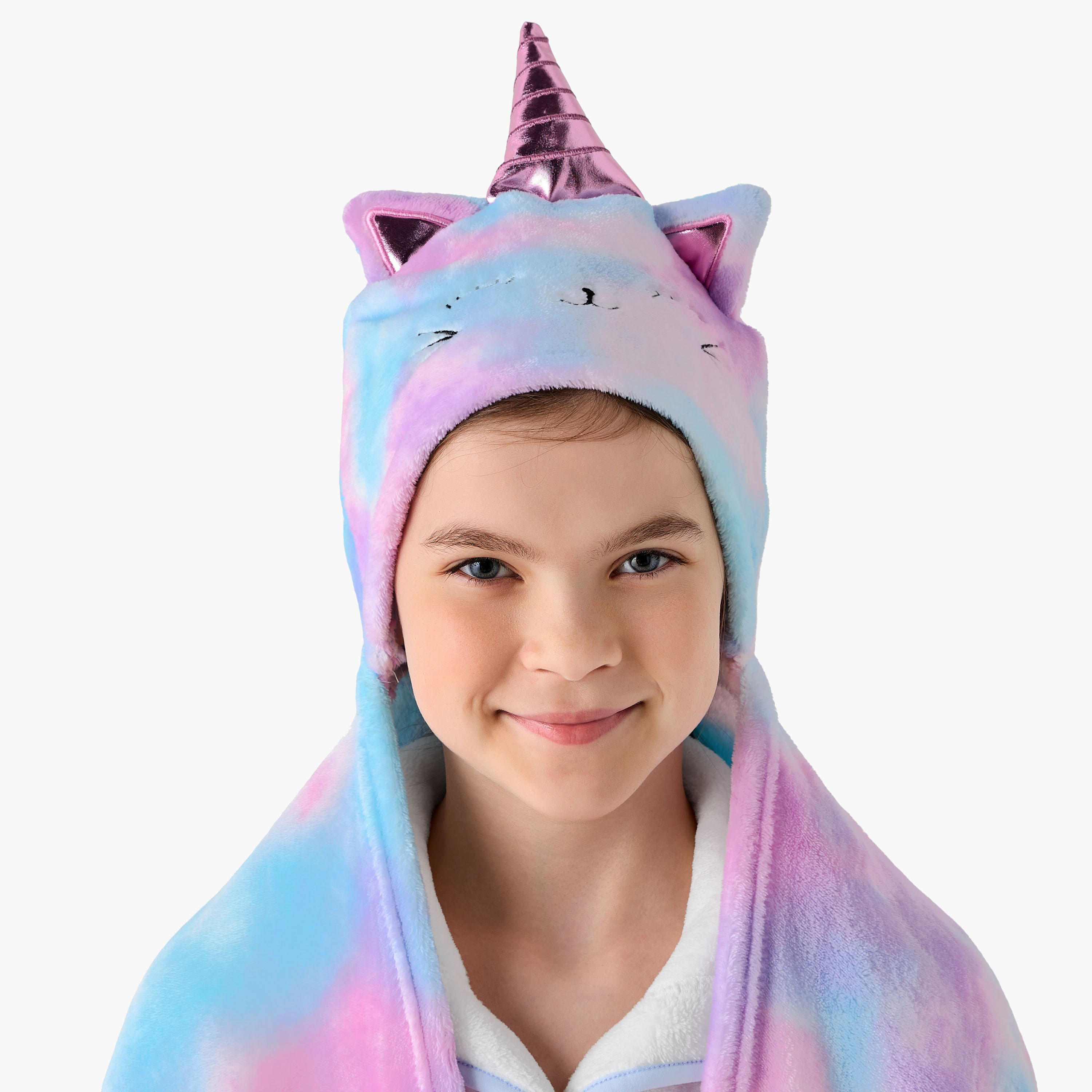 Bin Caticorn Applique Hooded Blanket with Hand Pockets - 102x127 cms-girls-clothing-nightwear-image-4