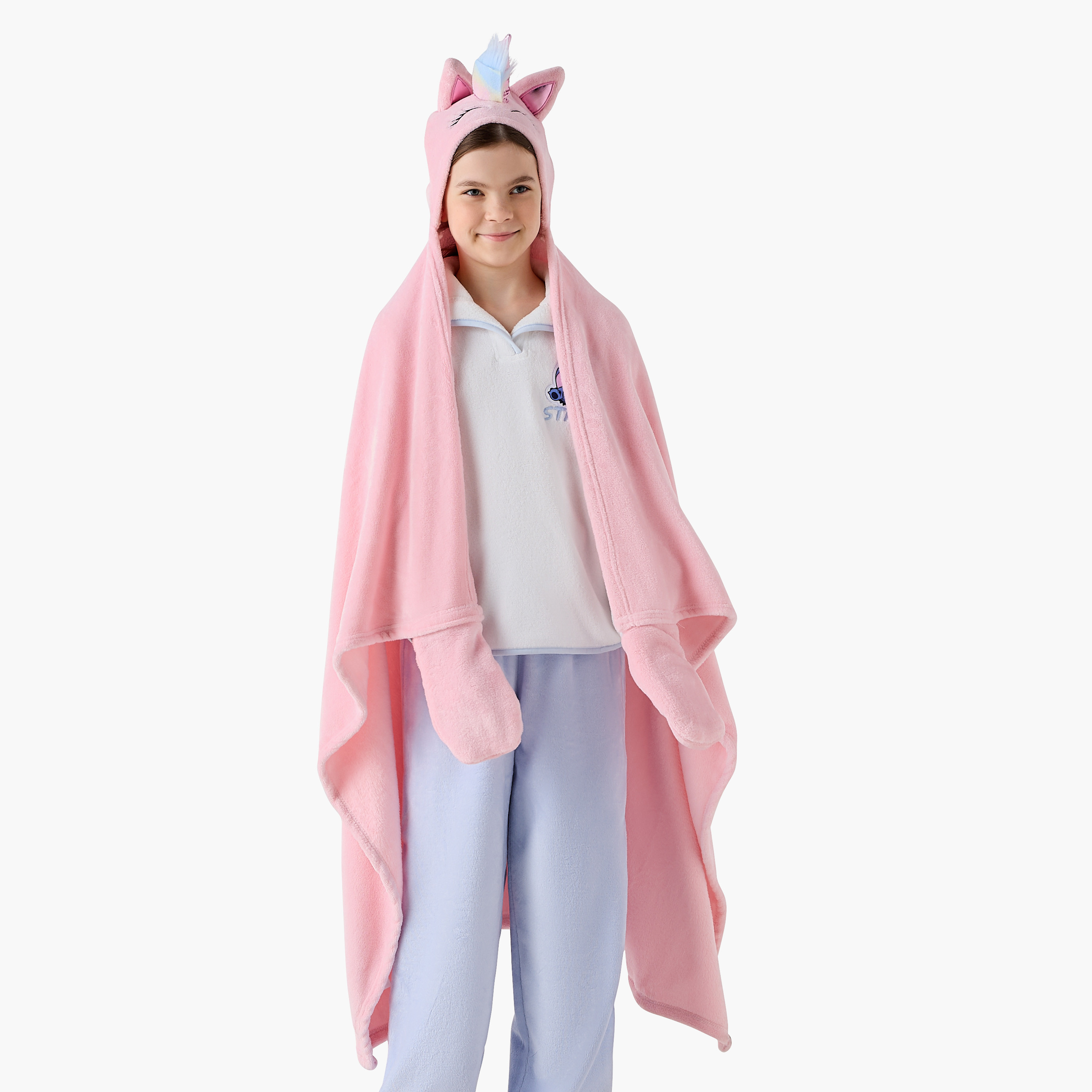 Bin Unicorn Applique Hooded Blanket with Hand Pockets - 102x127 cms-girls-clothing-nightwear-image-2