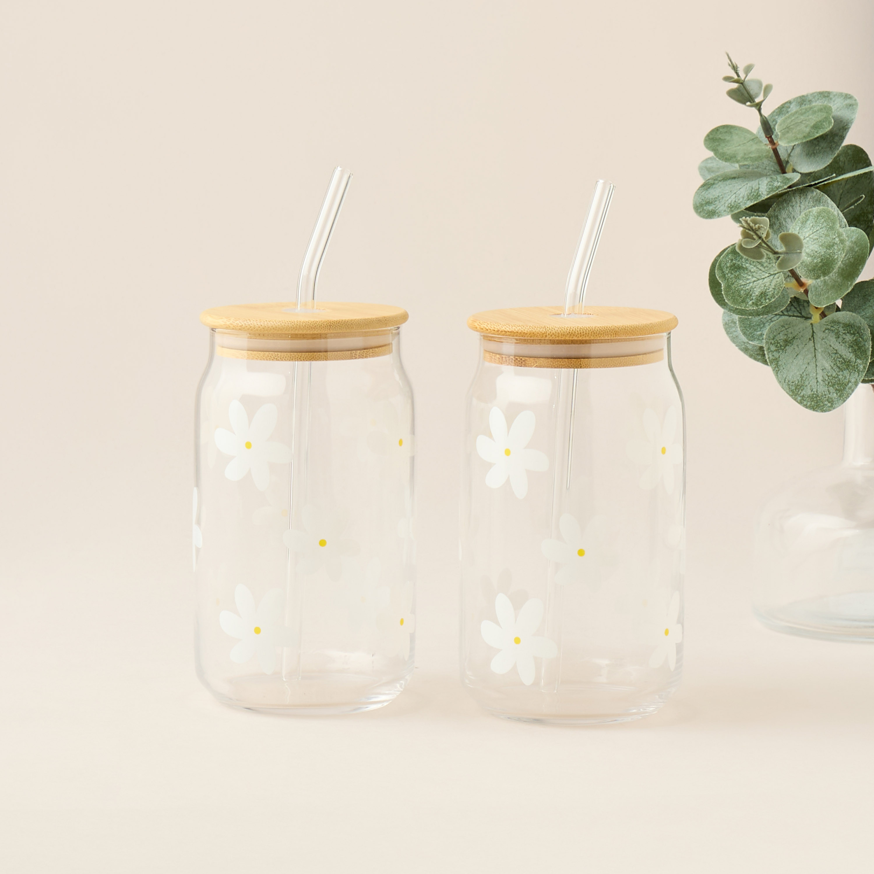 Daisy Print 2-Piece Glass Tumbler with Straw Set-household-dining-glassware-drinkingglasses-image-1