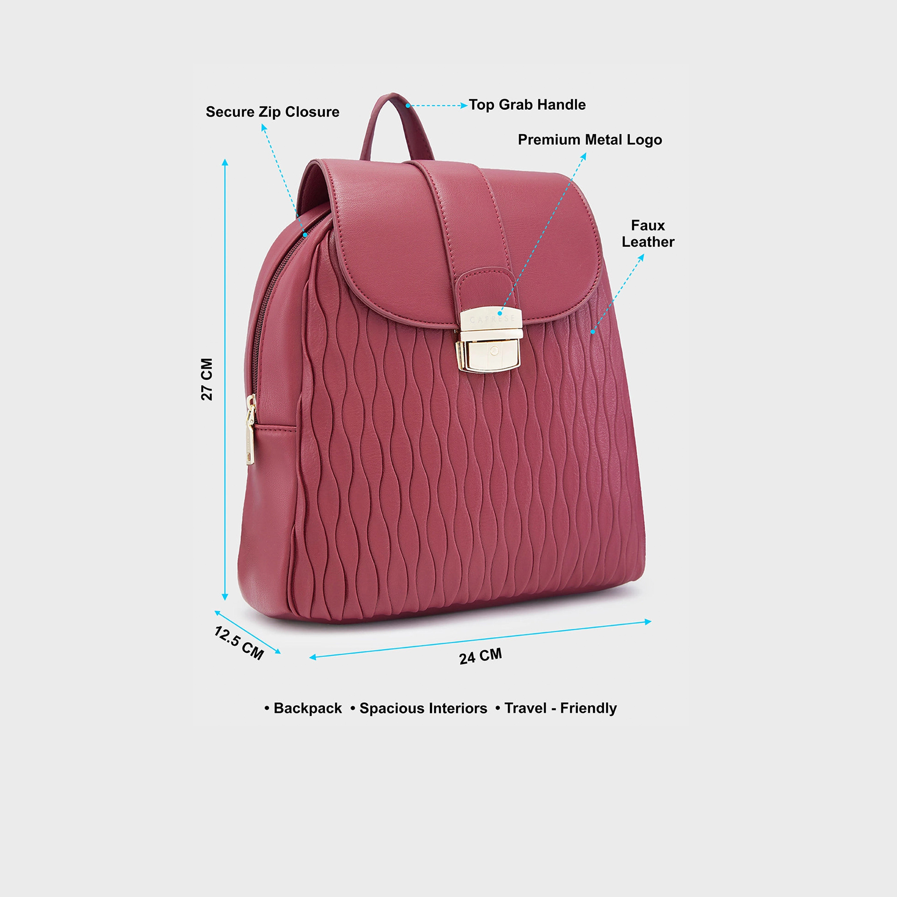 Caprese Textured Top Handle Mini Backpack with Flap Closure and Adjustable Strap | 27 x 12.5 x 29 cm-travel-luggagesandbags-backpacks-image-3