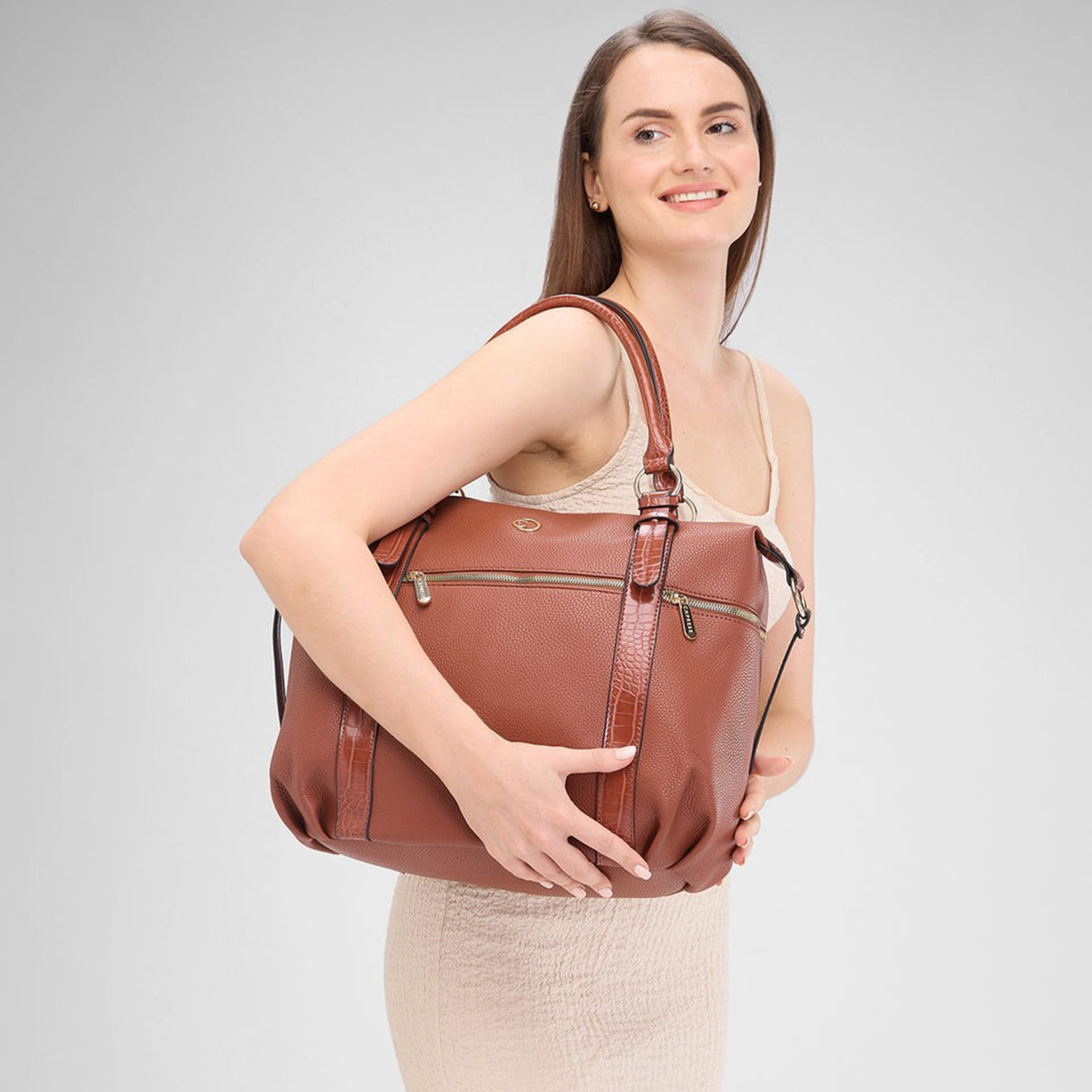 Caprese Textured Double-Handle Satchel Bag with Zipper Closure and Detachable Strap | 22 x 6 x 15 cm-women-bagsandwallets-handbags-image-2