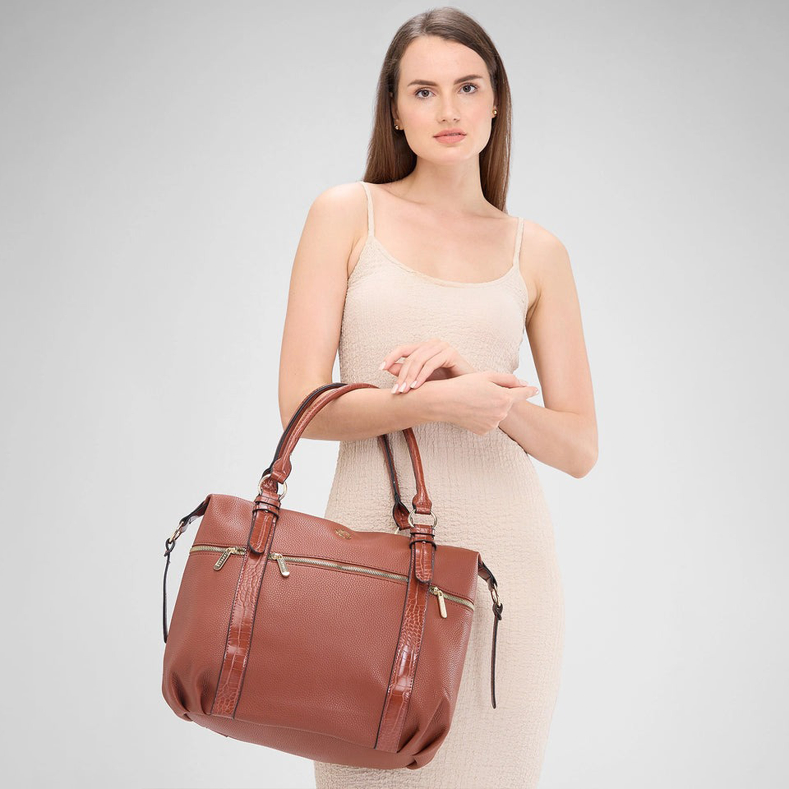 Caprese Textured Double-Handle Satchel Bag with Zipper Closure and Detachable Strap | 22 x 6 x 15 cm-women-bagsandwallets-handbags-image-3
