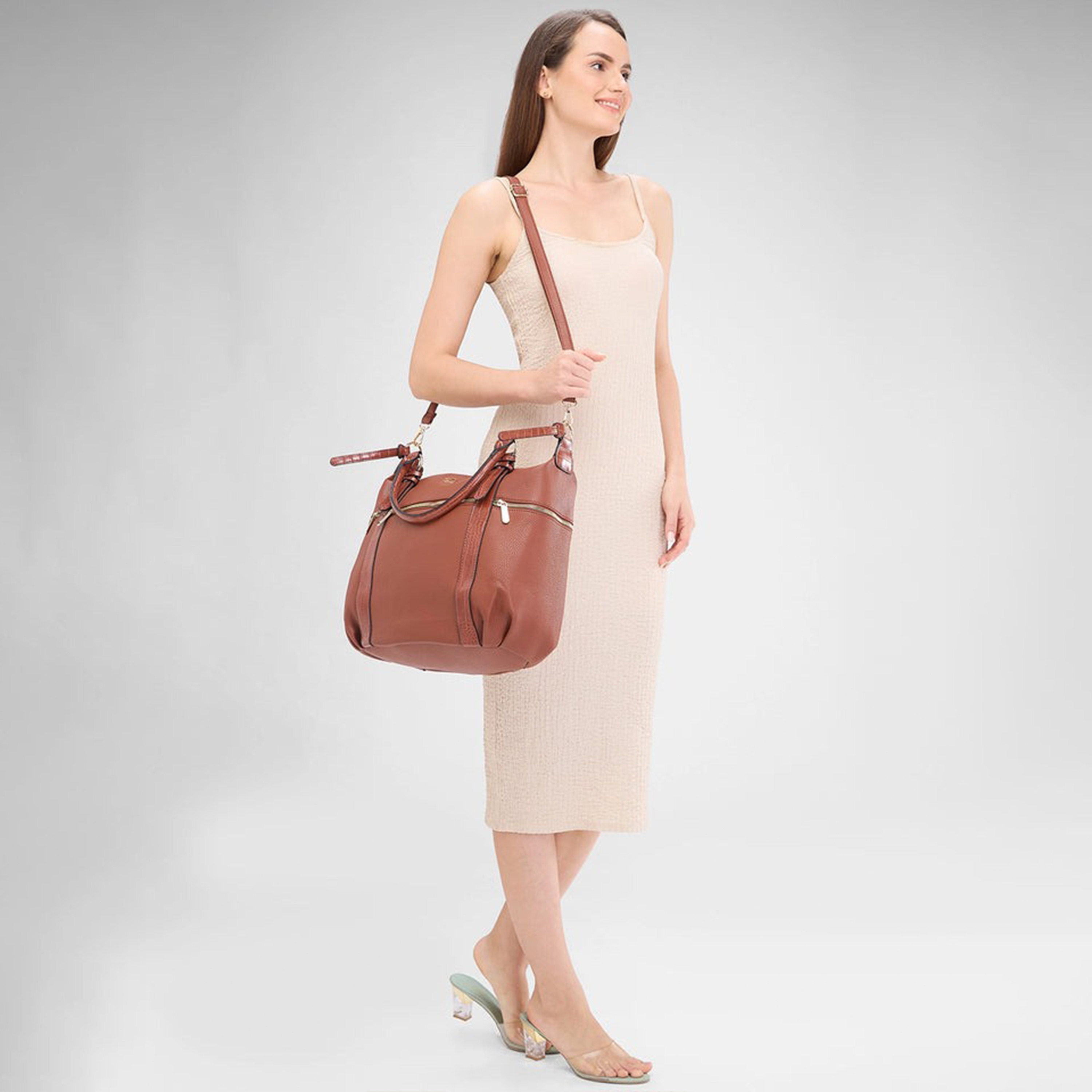 Caprese Textured Double-Handle Satchel Bag with Zipper Closure and Detachable Strap | 22 x 6 x 15 cm-women-bagsandwallets-handbags-image-4