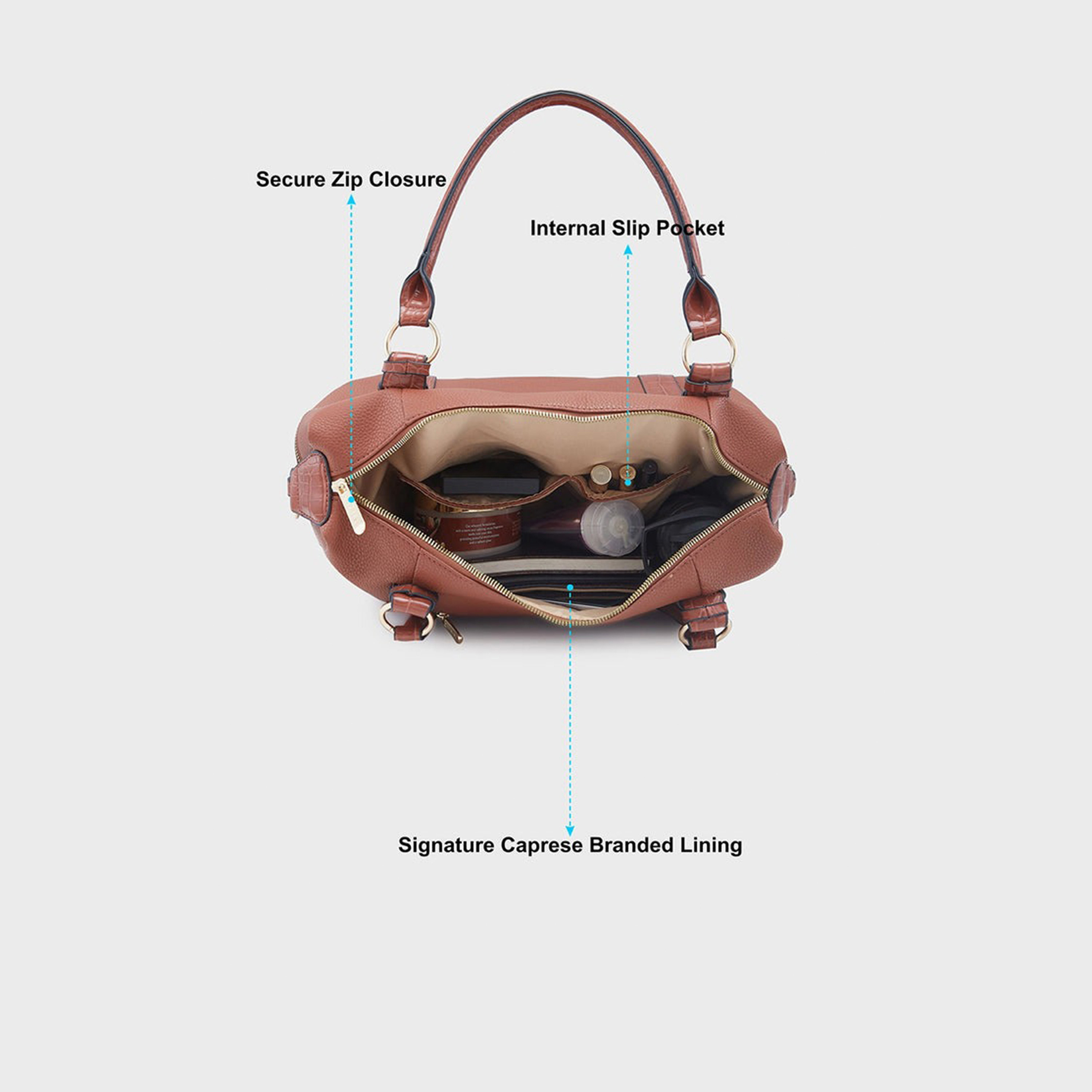 Caprese Textured Double-Handle Satchel Bag with Zipper Closure and Detachable Strap | 22 x 6 x 15 cm-women-bagsandwallets-handbags-image-5