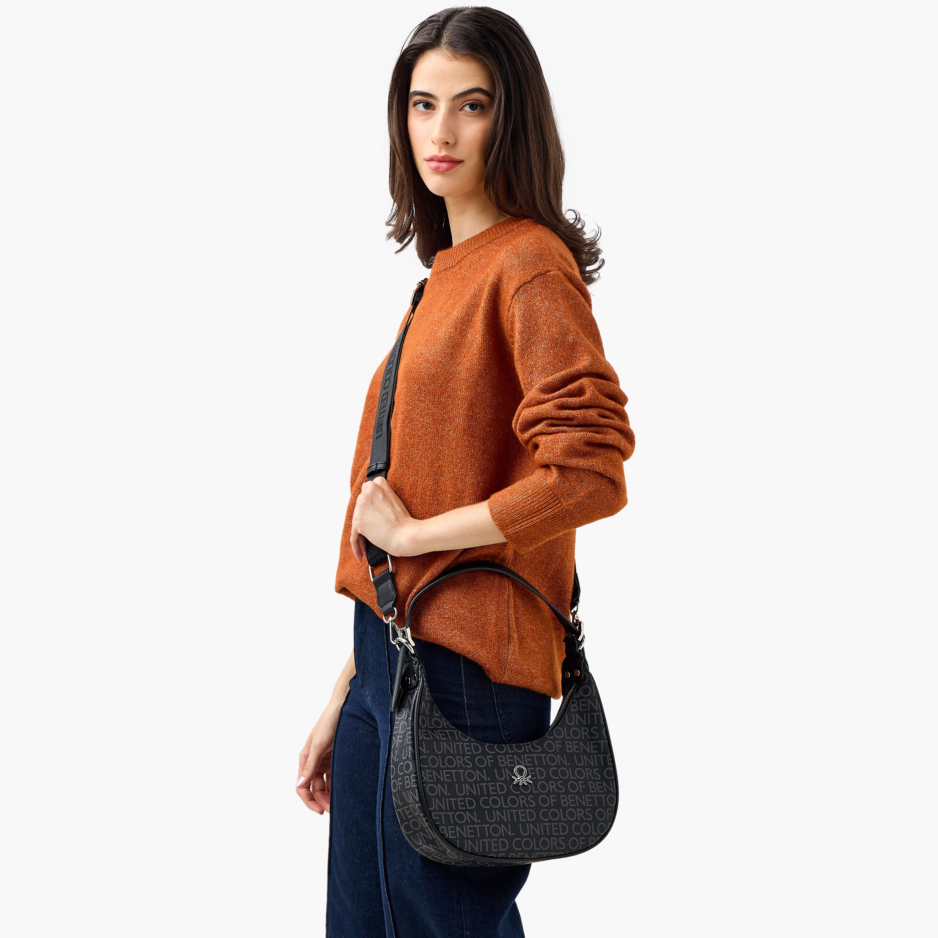 UCB Logo Print Baguette Bag with Zip Closure-women-bagsandwallets-handbags-image-2