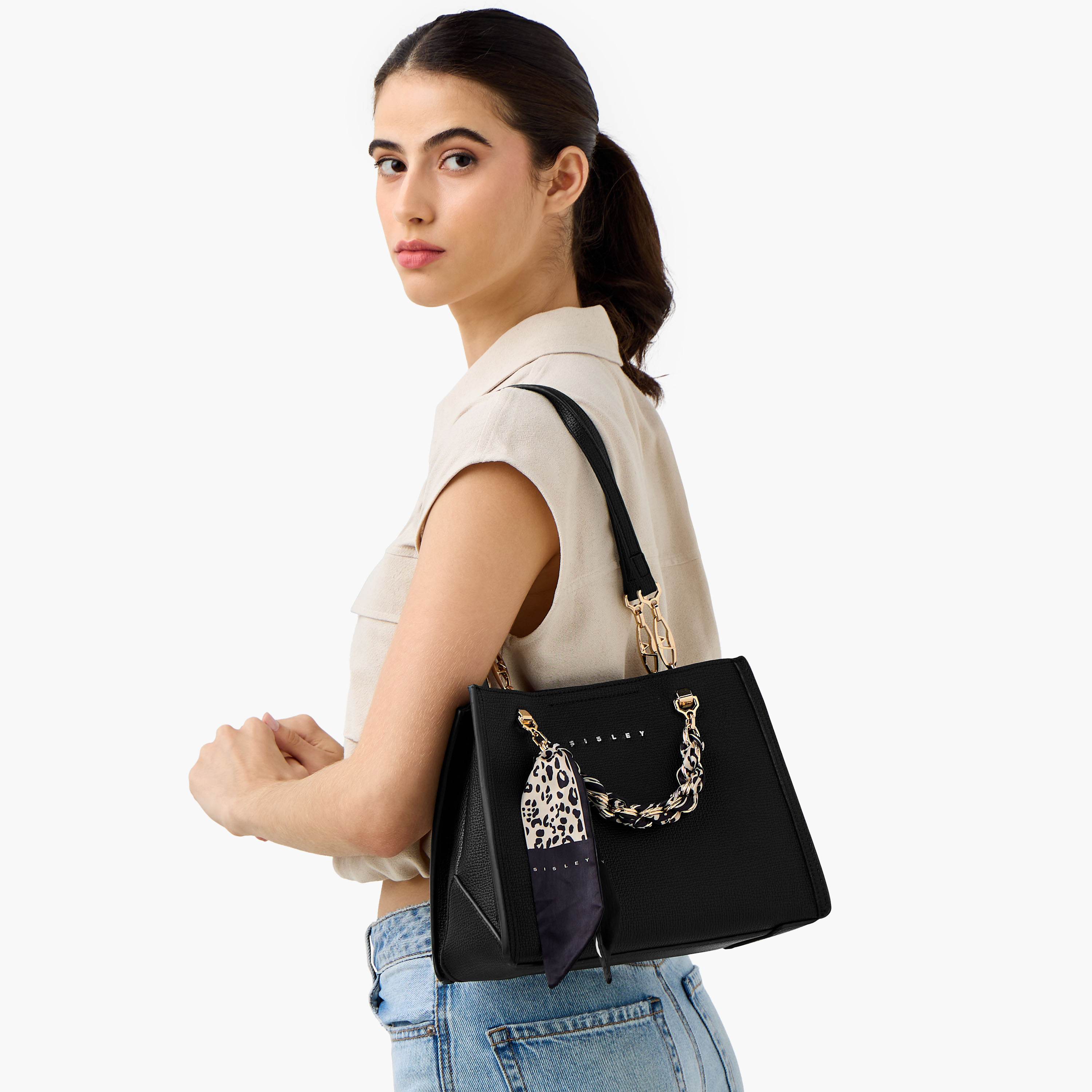 Sisley Textured Tote Bag with Scarf and Chain Detail-women-bagsandwallets-handbags-image-9