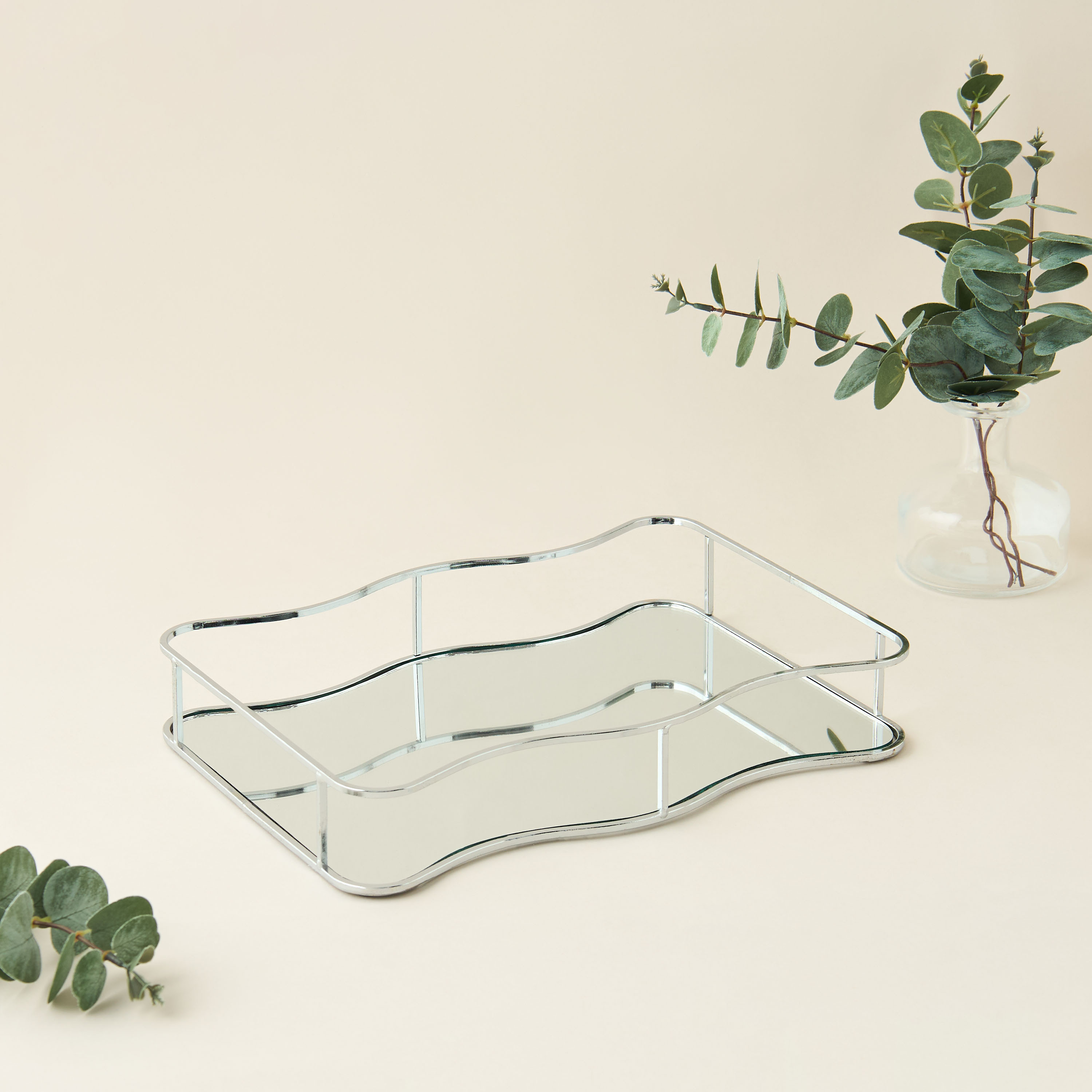 Wavy Metal Decorative Tray with Mirror Base - 32x23 cms-household-decor-boxesandtrays-image-1