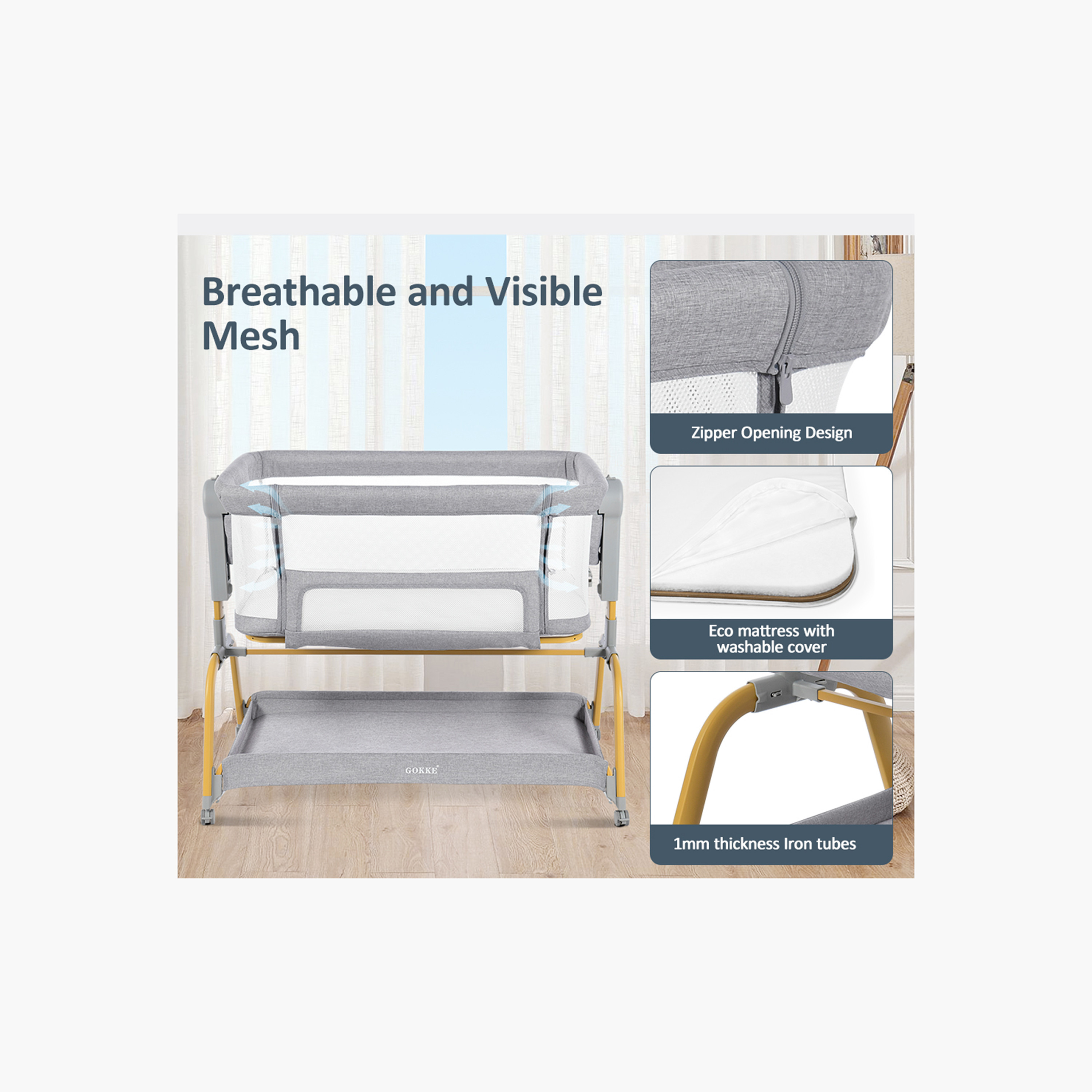 GOKKE Baby Bassinet with Manual Swing, 89x55x78-90 cm-baby-nursery-furniture-cribsandbeds-bassinets-image-7