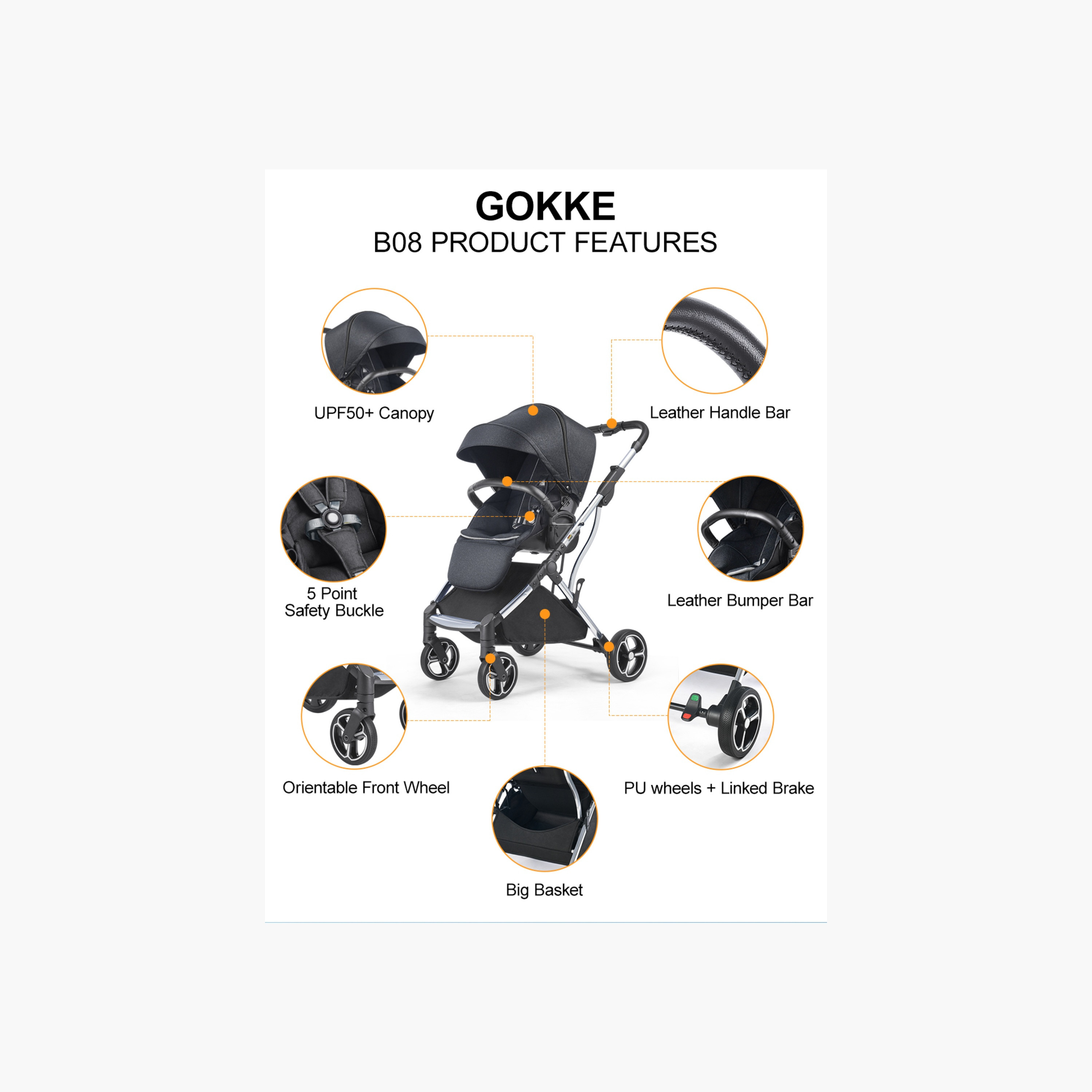 Gokke Reversible Baby Stroller with Chrome Frame - Black-baby-gear-strollersandprams-strollers-image-10