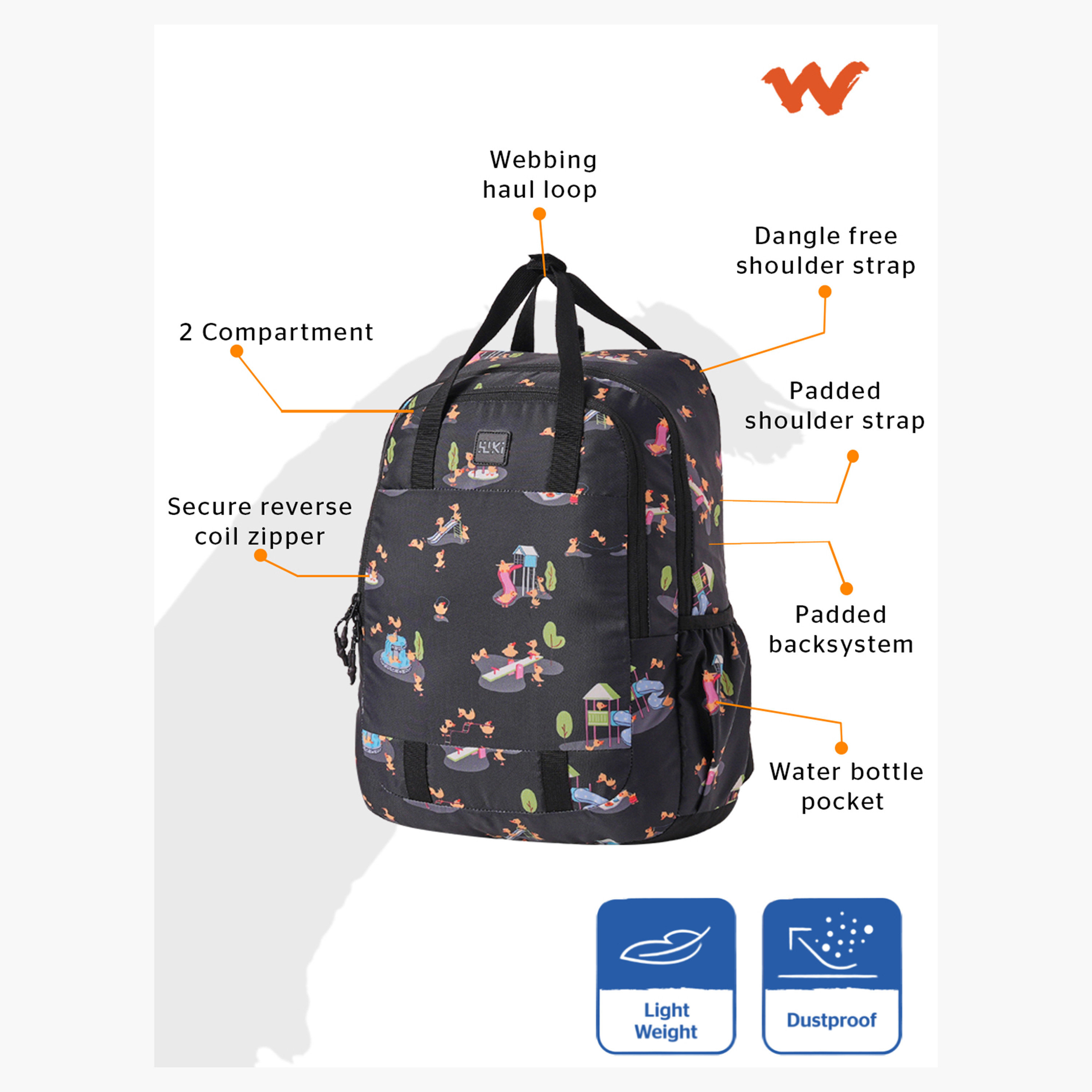 Wildcraft Wiki Printed Backpack with Adjustable Straps and Zip Closure - 16x16x42 cms-school-bagsandbackpacks-backpacks-image-2