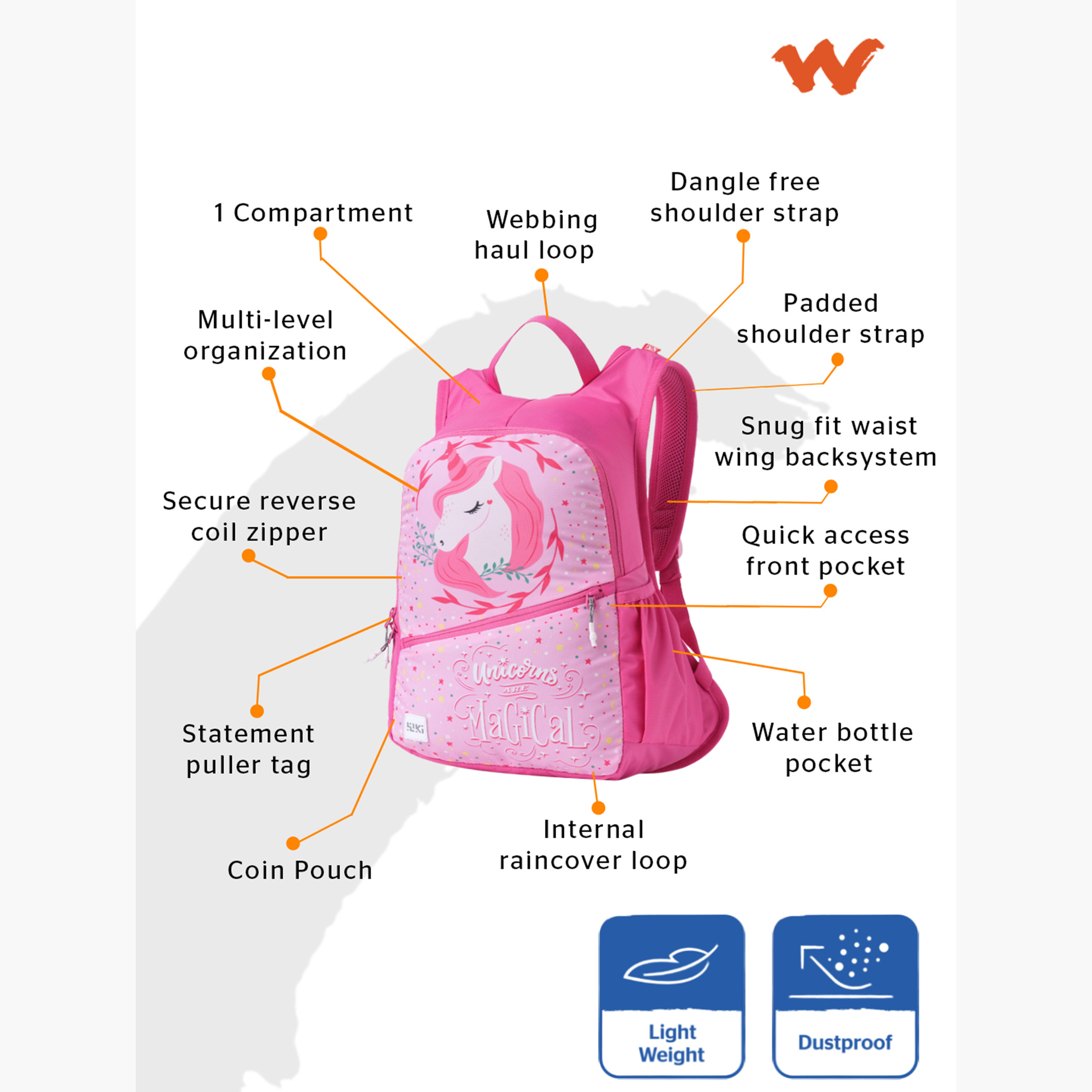 Wildcraft Wiki Unicorn Print Backpack with Adjustable Straps and Zip Closure - 13x13x41 cms-school-bagsandbackpacks-backpacks-image-3