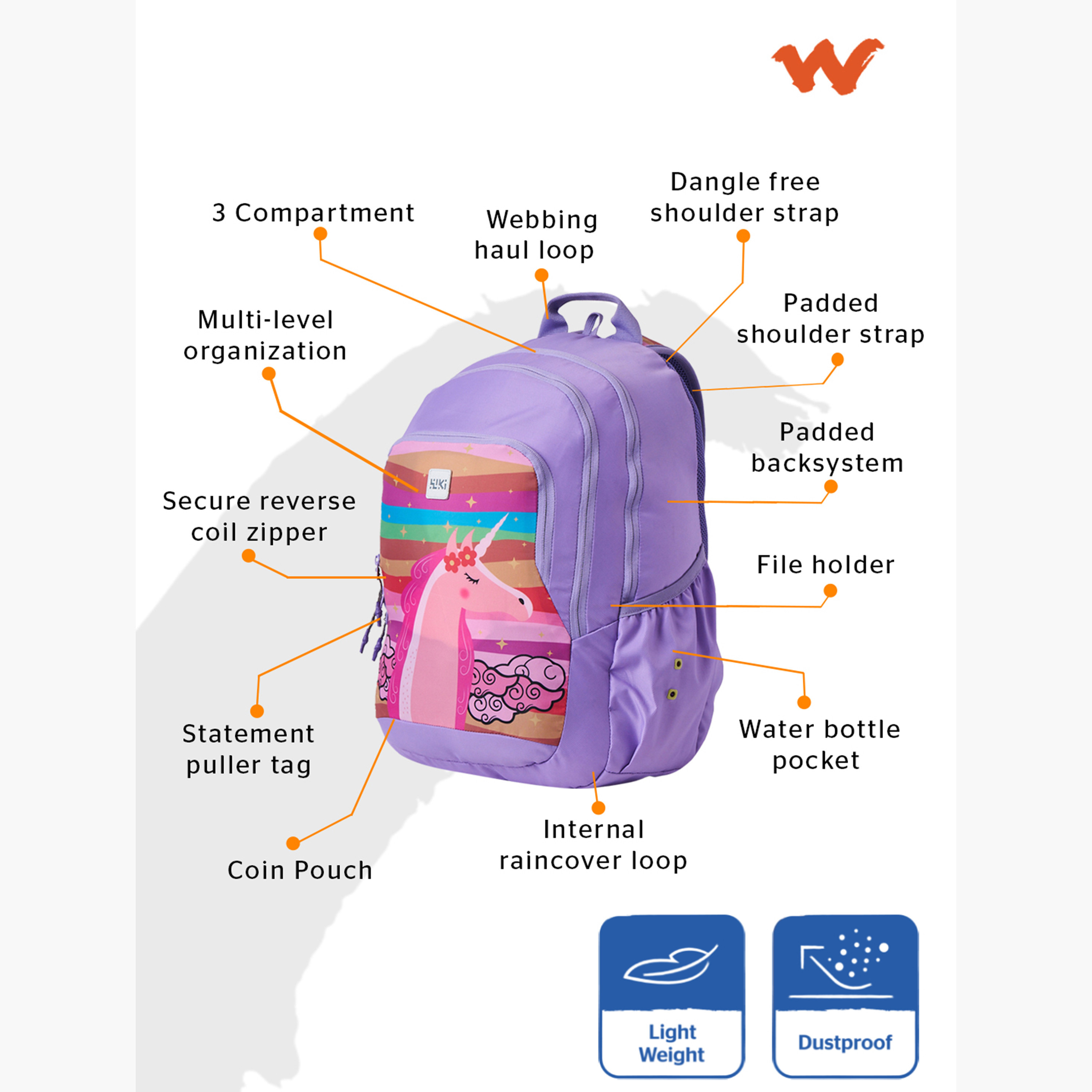 Wildcraft Wiki Unicorn Print Backpack with Adjustable Straps and Zip Closure - 22x22x44 cms-school-bagsandbackpacks-backpacks-image-2