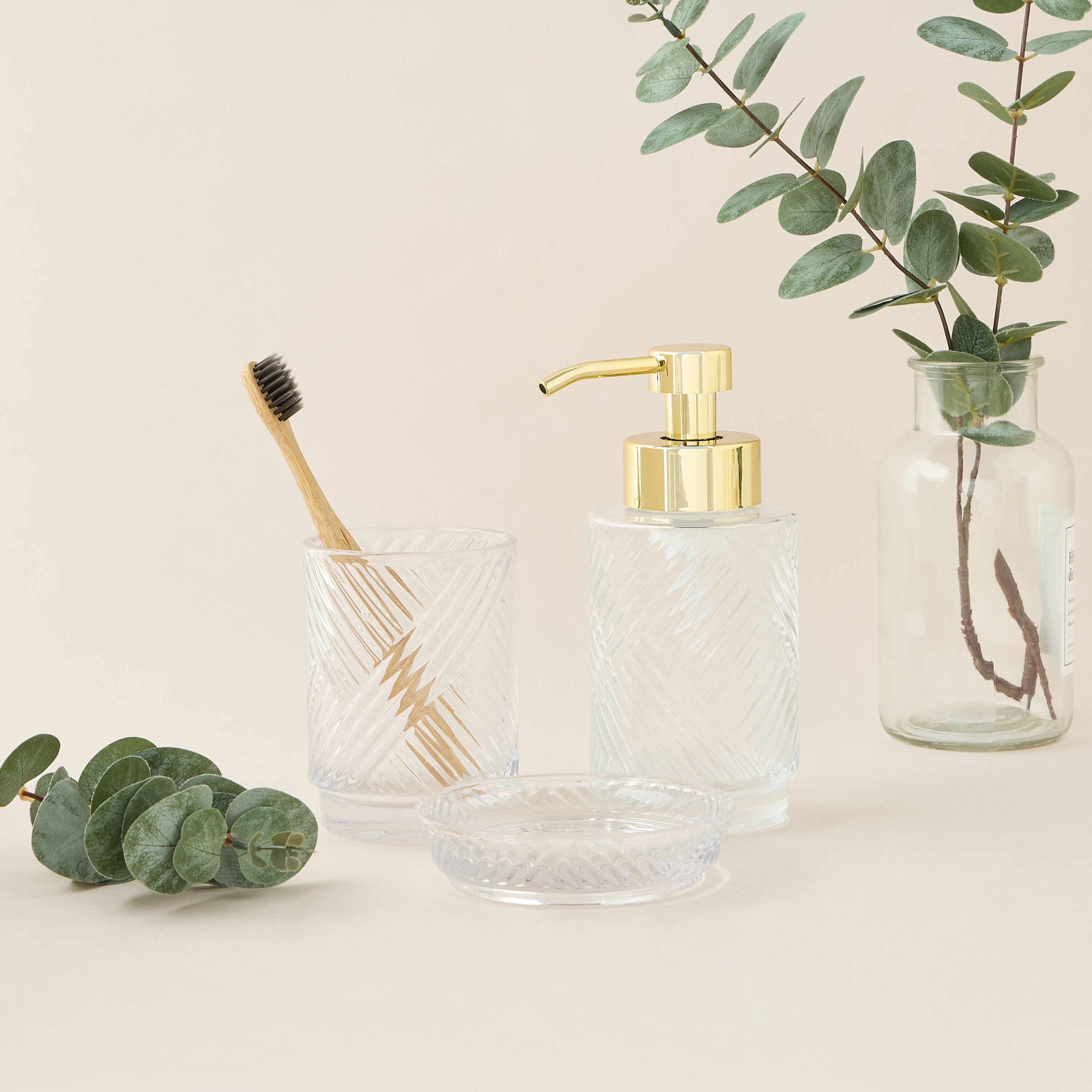 Textured 3-Piece Glass Bathroom Accessory Set-household-bathandlaundry-bathaccessories-soapdishesanddispensers-image-1