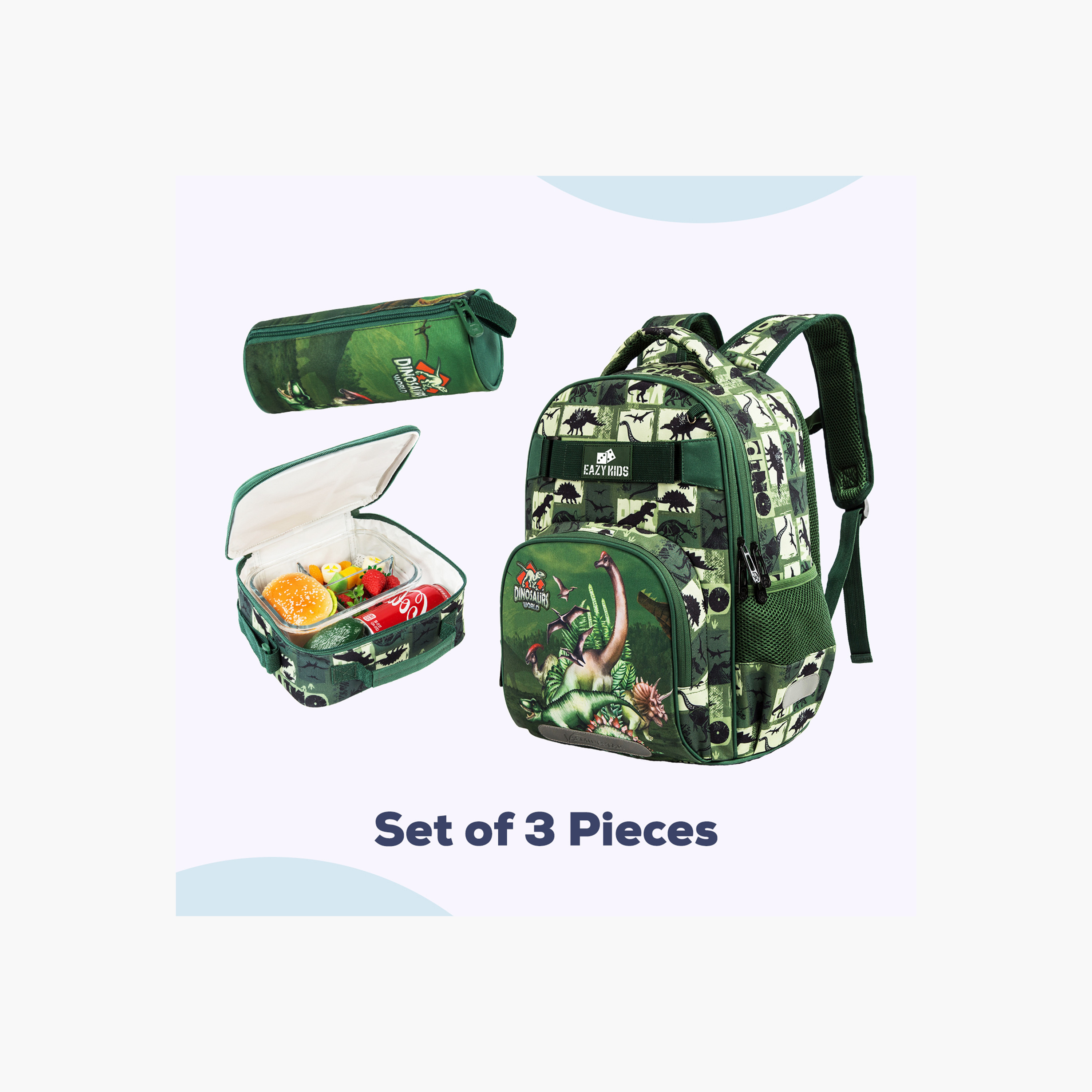 طقم شنط ظهر بطبعات ديناصور 18 بوصة 3 قطع من إيزي كيدز- 19×40×30 سم-school-bagsandbackpacks-sets-image-4