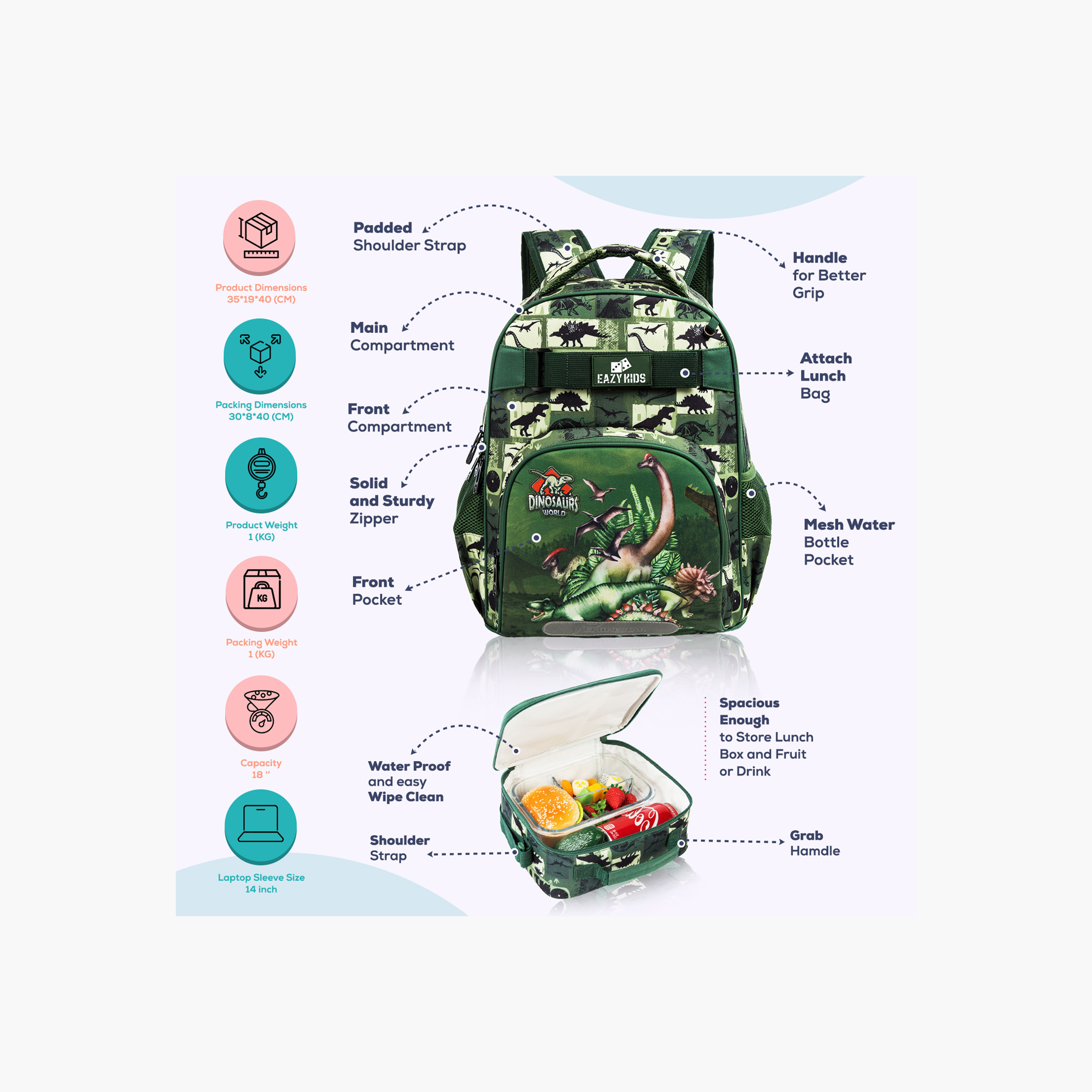 طقم شنط ظهر بطبعات ديناصور 18 بوصة 3 قطع من إيزي كيدز- 19×40×30 سم-school-bagsandbackpacks-sets-image-5