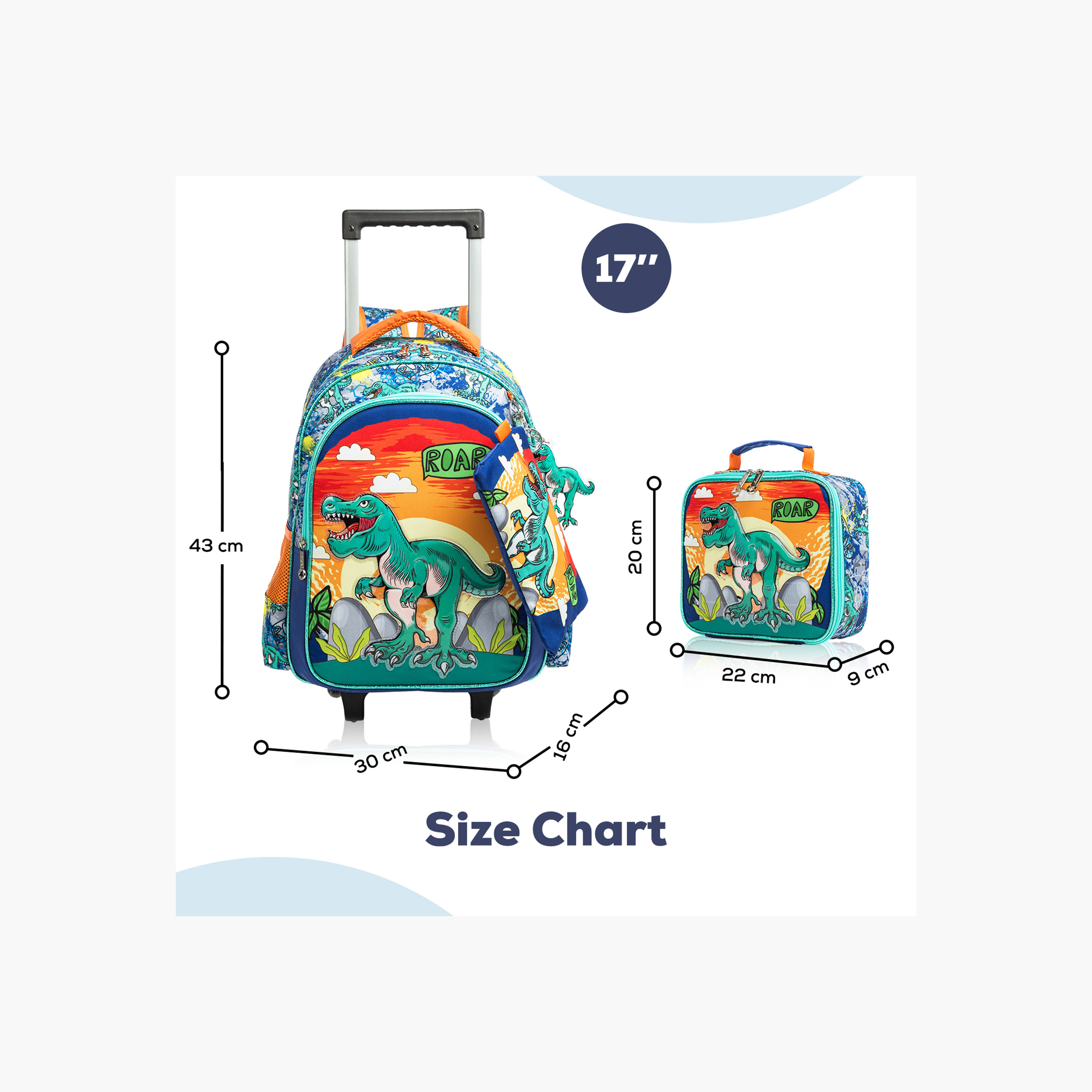 طقم شنطة ظهر ترولي 17 بوصة بطبعات ديناصور 3 قطع من إيزي كيدز - 16x42x30 سم-school-bagsandbackpacks-sets-image-2