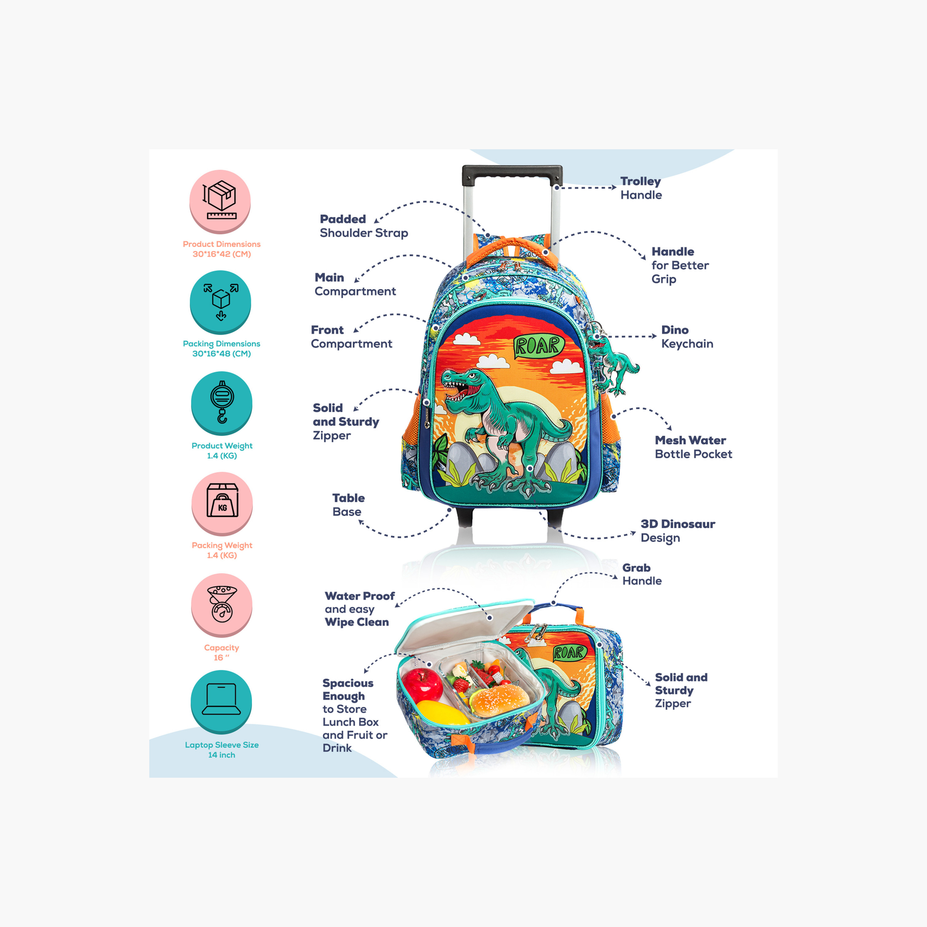 Eazy Kids 3-Piece Dinosaur Print 17-Inch Trolley Backpack Set  - 16x42x30 cm-school-bagsandbackpacks-sets-image-5