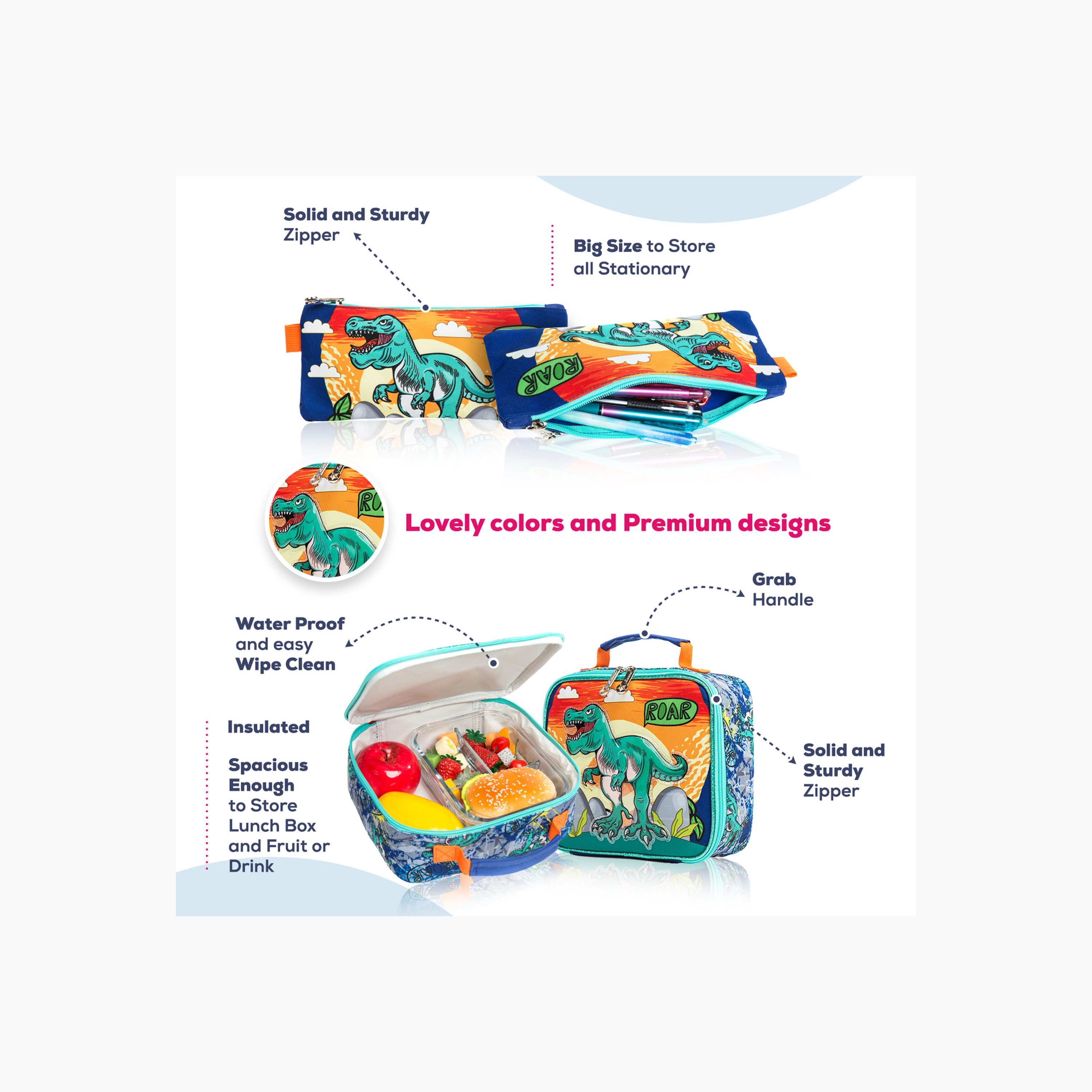 Eazy Kids 3-Piece Dinosaur Print 17-Inch Trolley Backpack Set  - 16x42x30 cm-school-bagsandbackpacks-sets-image-6