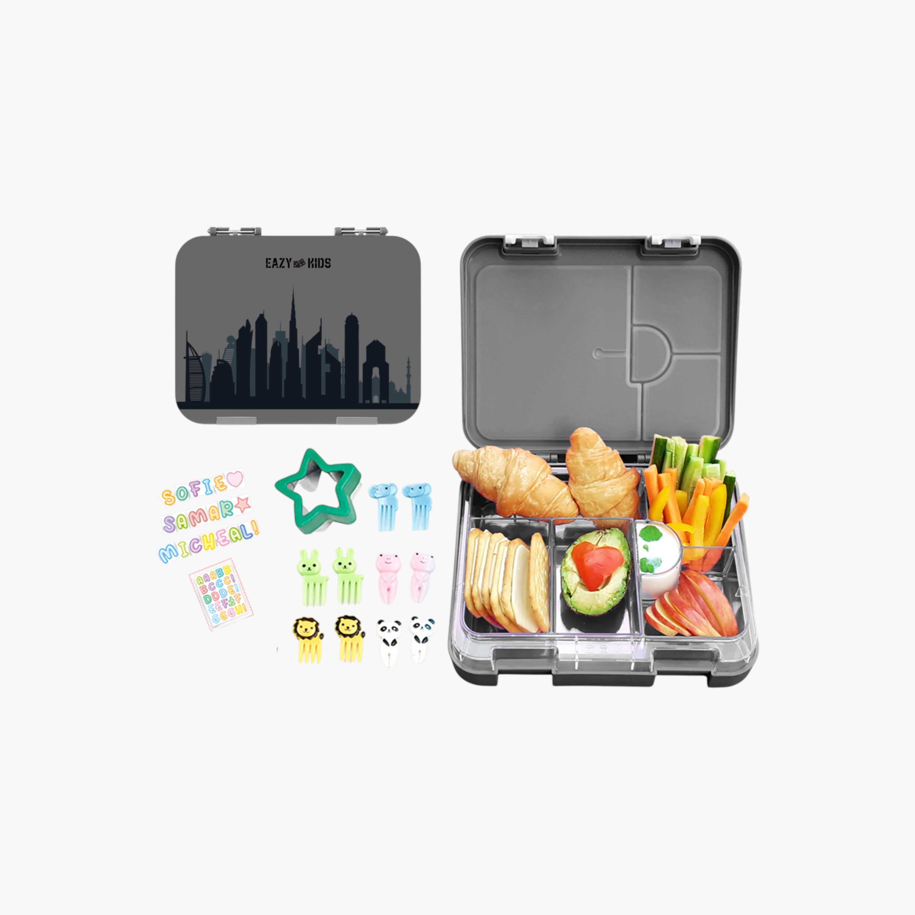 Eazy Kids Printed Convertible Compartment Bento Lunch Box and Sandwich Cutter Set-school-lunchessentials-lunchboxes-image-1
