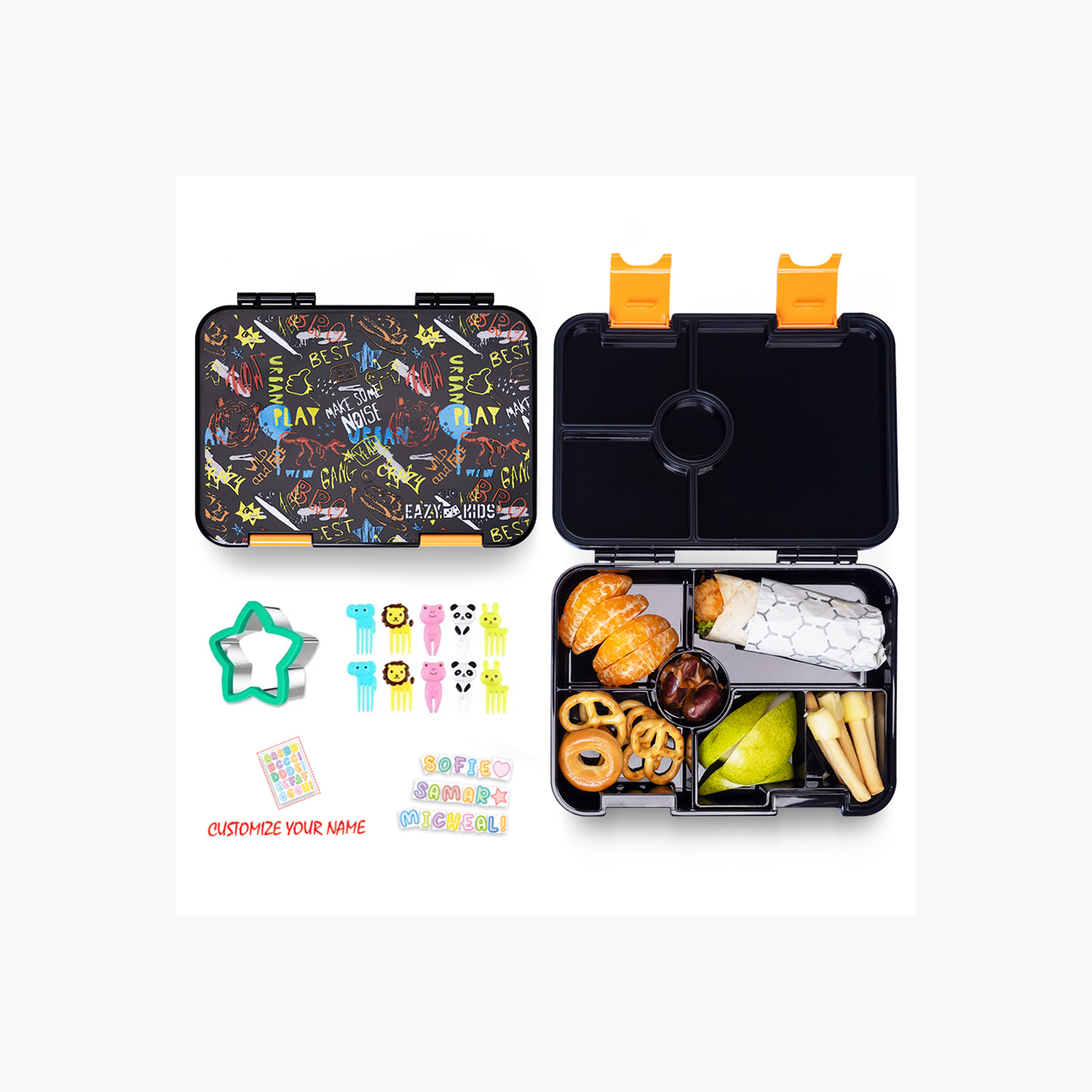Eazy Kids Printed Convertible Bento Lunch Box with Sandwich Cutter and Fruit Pick Set-school-lunchessentials-lunchboxes-image-1