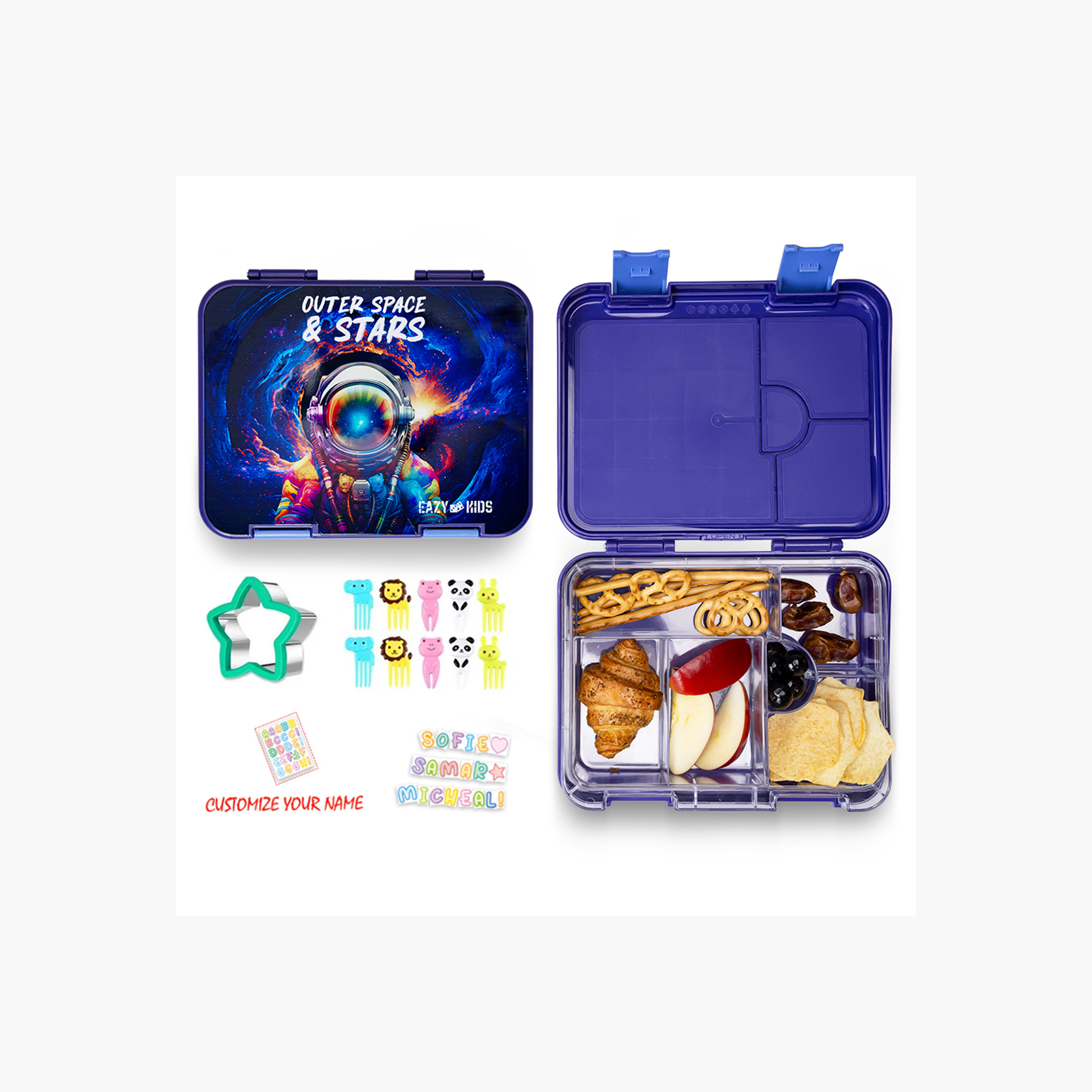 Eazy Kids Printed Convertible Bento Lunch Box with Sandwich Cutter and Fruit Pick Set-school-lunchessentials-lunchboxes-image-1