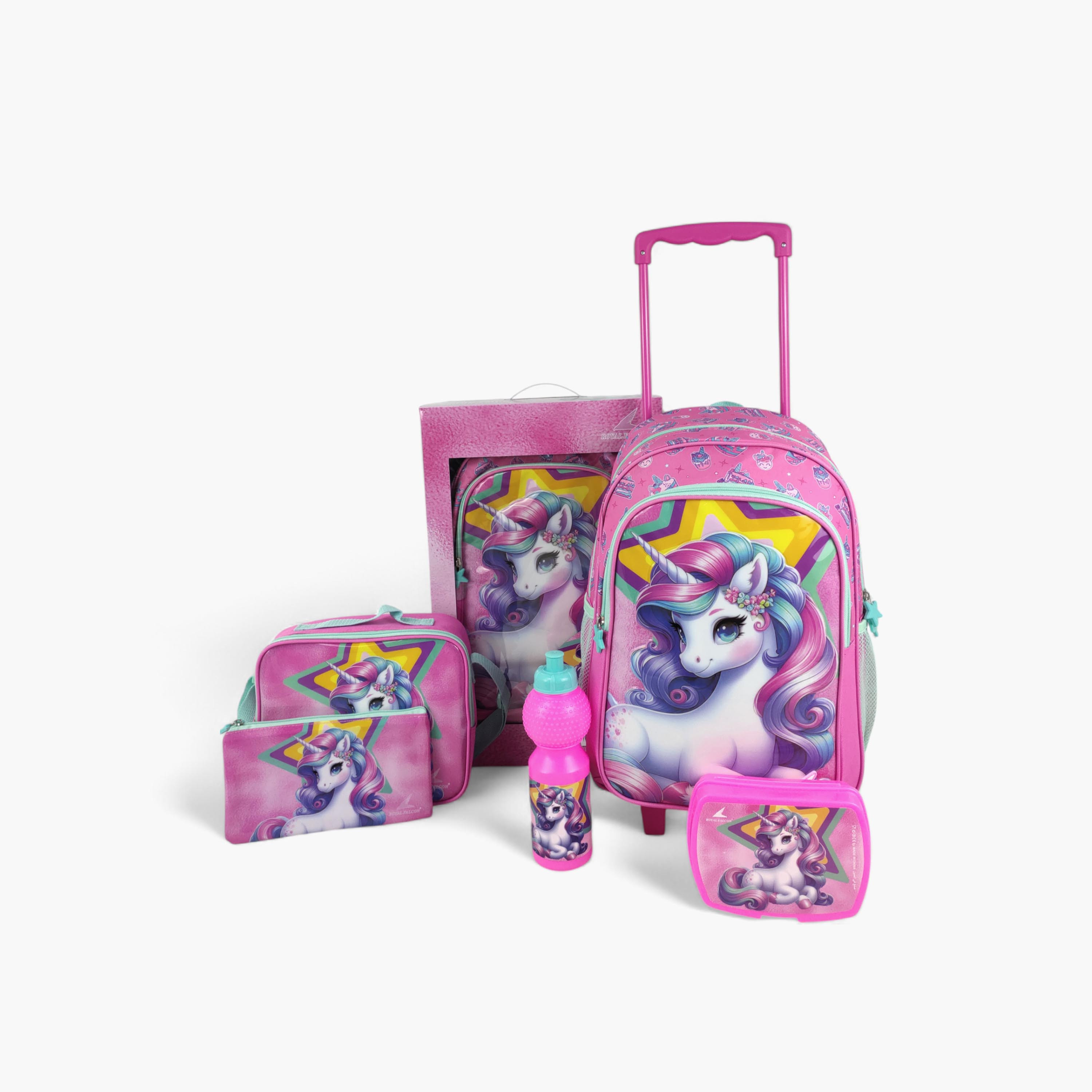 طقم شنطة ظهر ترولي 16 بوصة بطبعات يونيكورن 5 قطع من رويال فالكون - 45x31x17 سم-school-bagsandbackpacks-trolleybags-image-1
