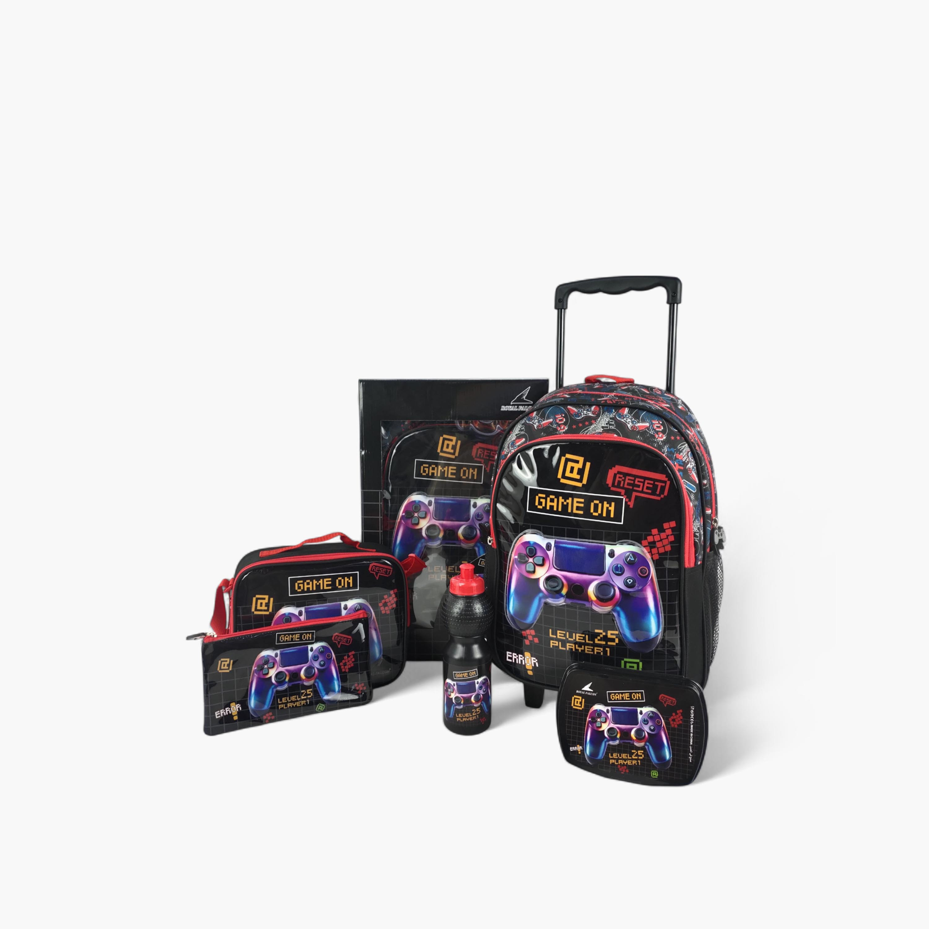 طقم شنطة ظهر ترولي 16 بوصة بطبعات ألعاب 5 قطع من رويال فالكون - 45x31x17 سم-school-bagsandbackpacks-trolleybags-image-1