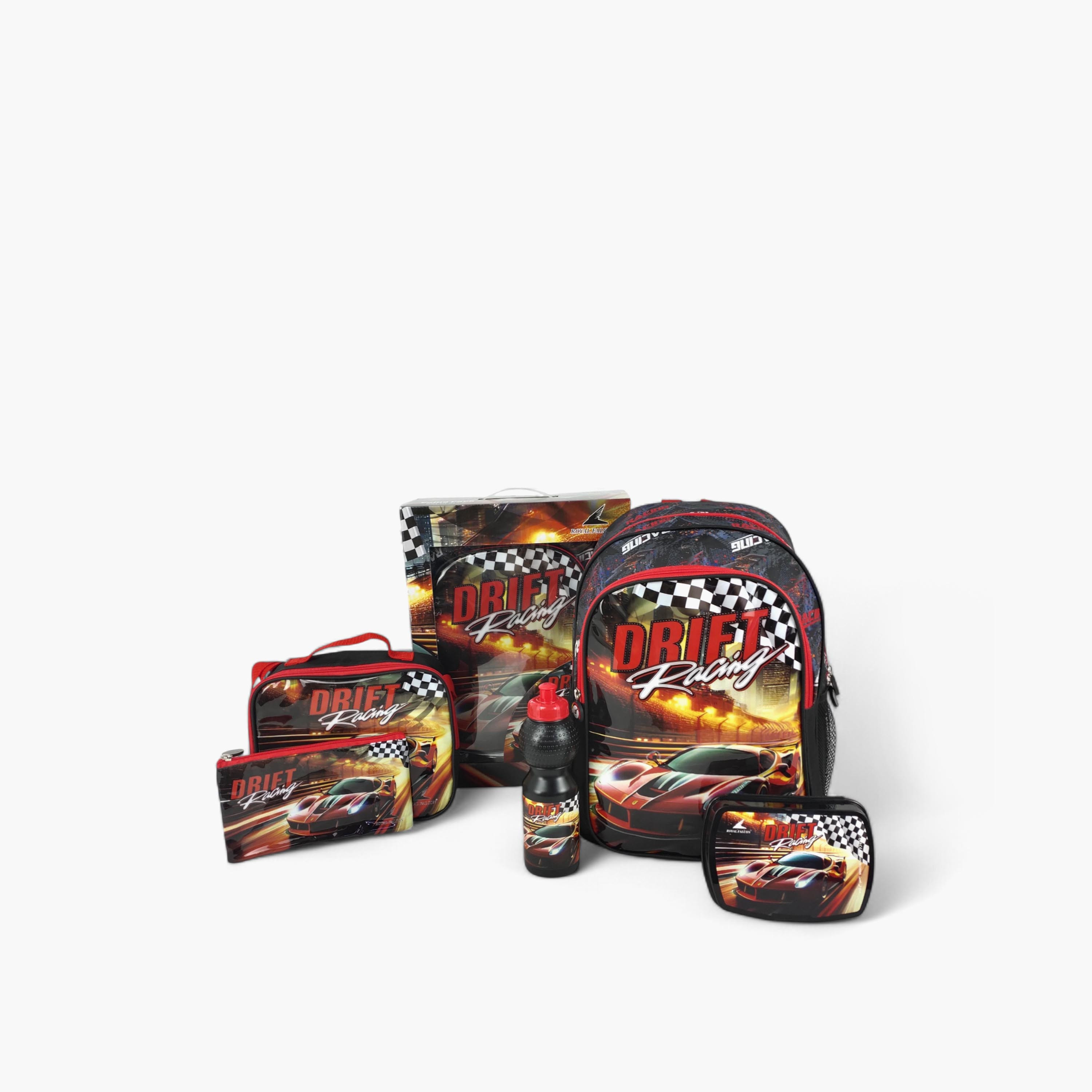 طقم شنطة ظهر ترولي 16 بوصة بطبعات سباق 5 قطع من رويال فالكون - 41x30x17 سم-school-bagsandbackpacks-trolleybags-image-1