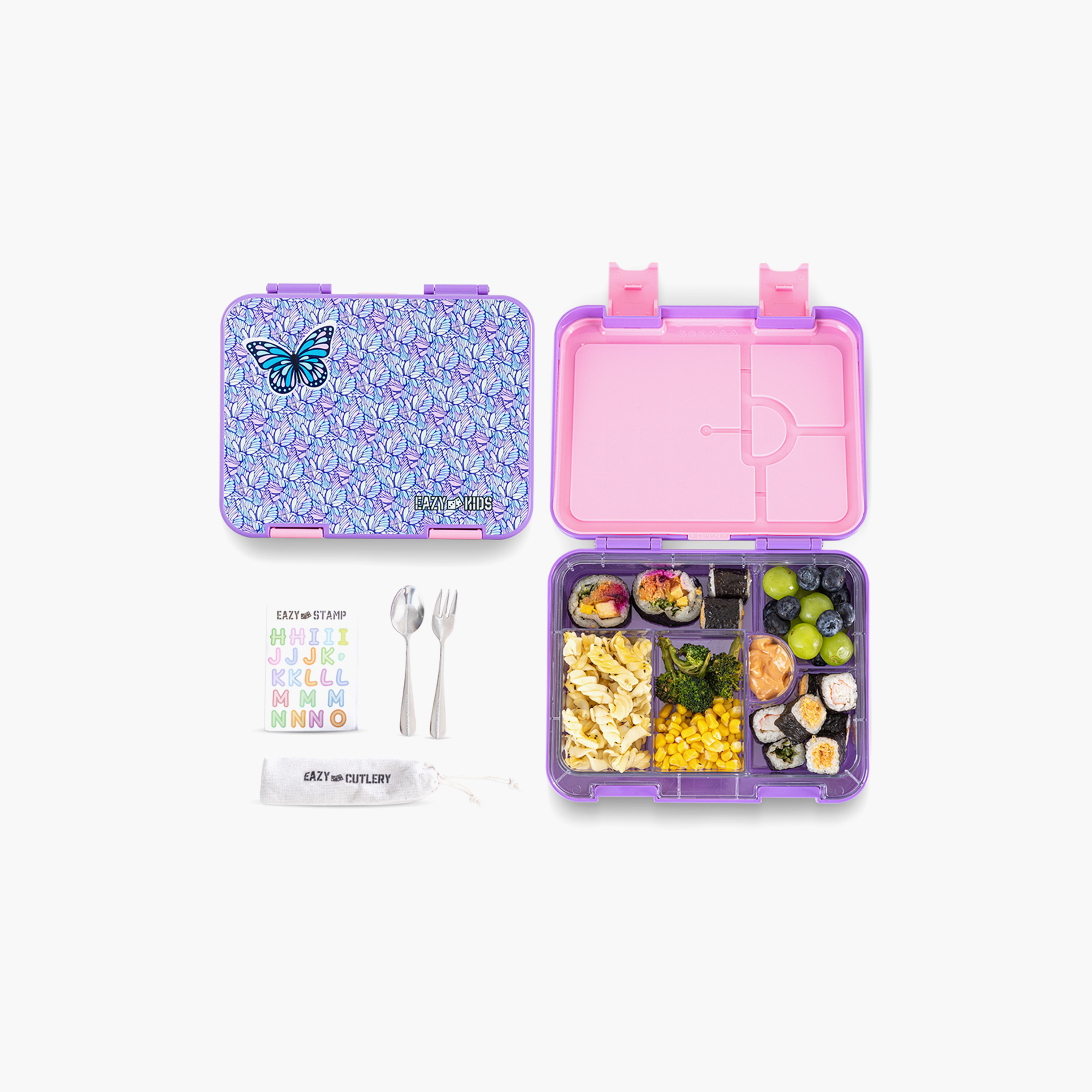 Eazy Kids 6 & 4 Convertible Bento Lunch Box with Accessories - 1160 ml - Butterfly - Purple-school-lunchessentials-lunchboxes-image-1