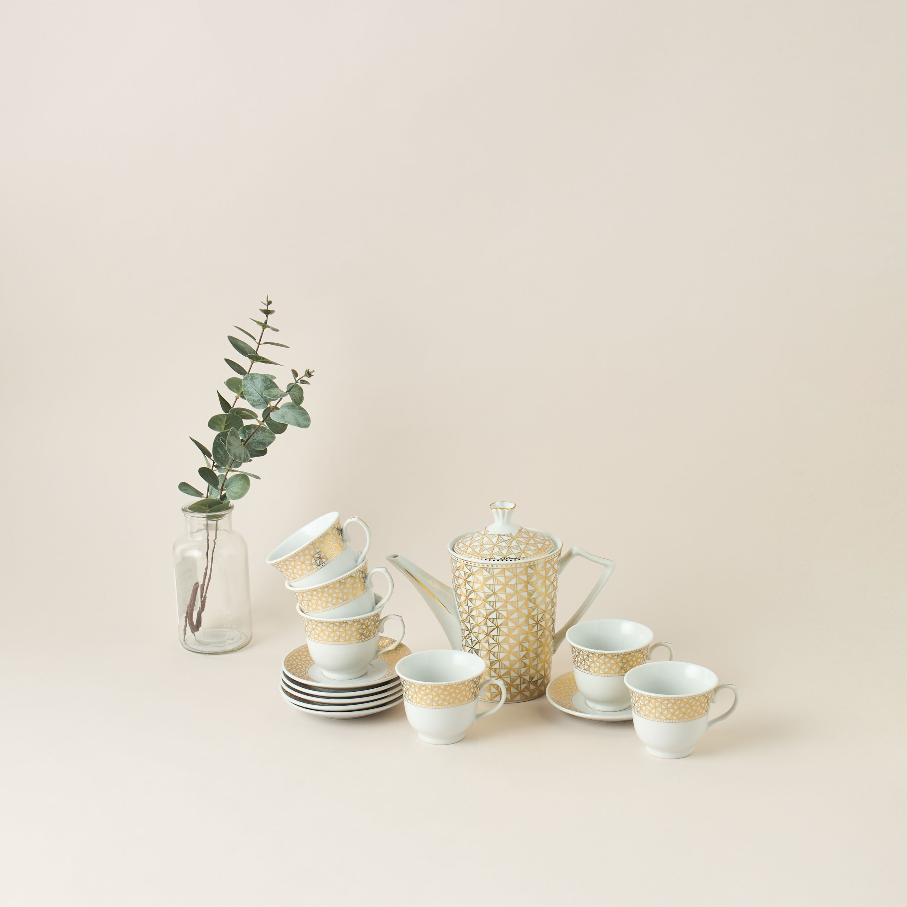 Linear Luxe Geometric Print 13-Piece Porcelain Cup and Saucer Set with Teapot-household-dining-teaandcoffee-teaandcoffeesets-image-2