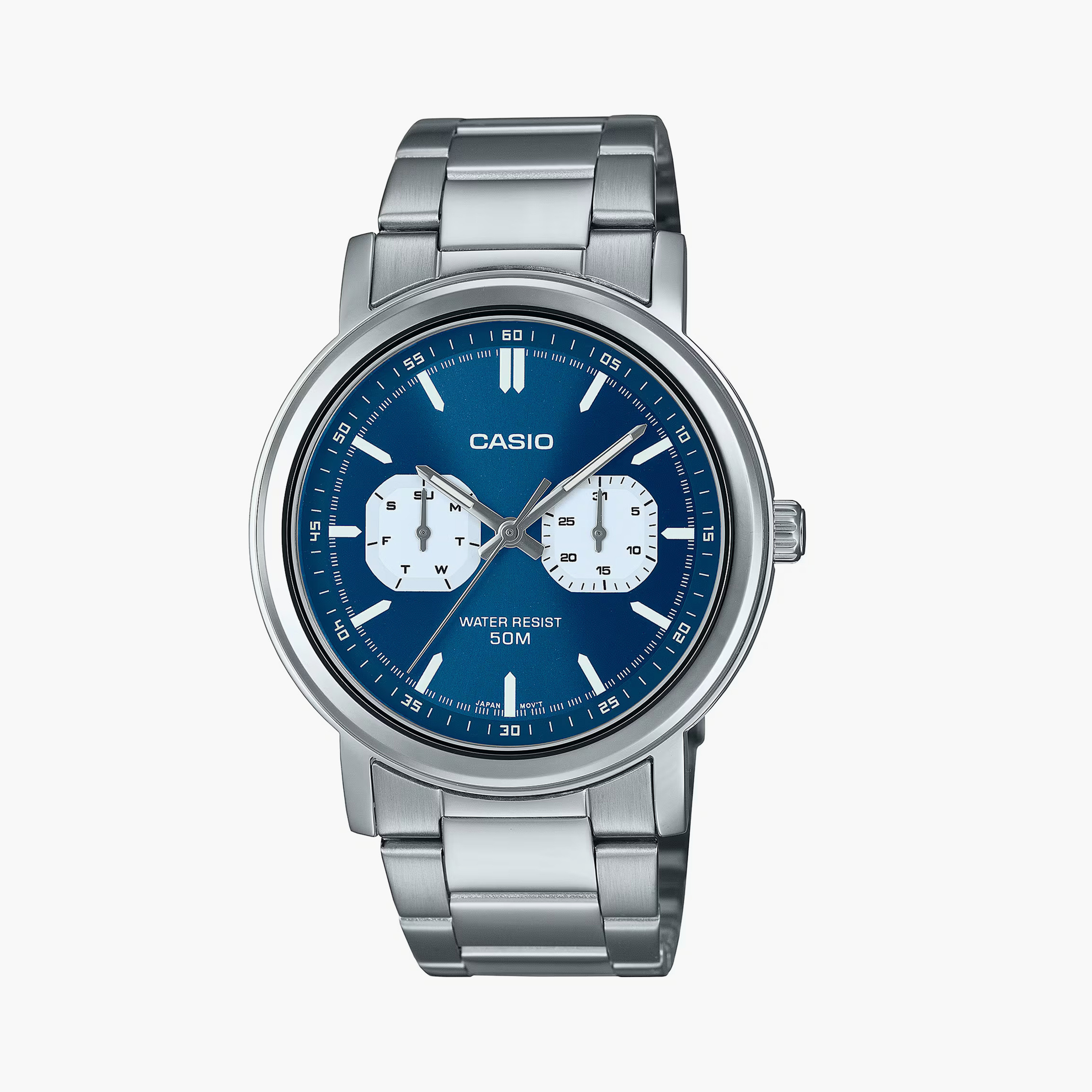 كاسيو- ساعة رجالية تناظرية حزام ستانلس ستيل لون فضي  44 مم | MTP-E335D-2E1VDF-men-watchesandjewellery-watches-image-1
