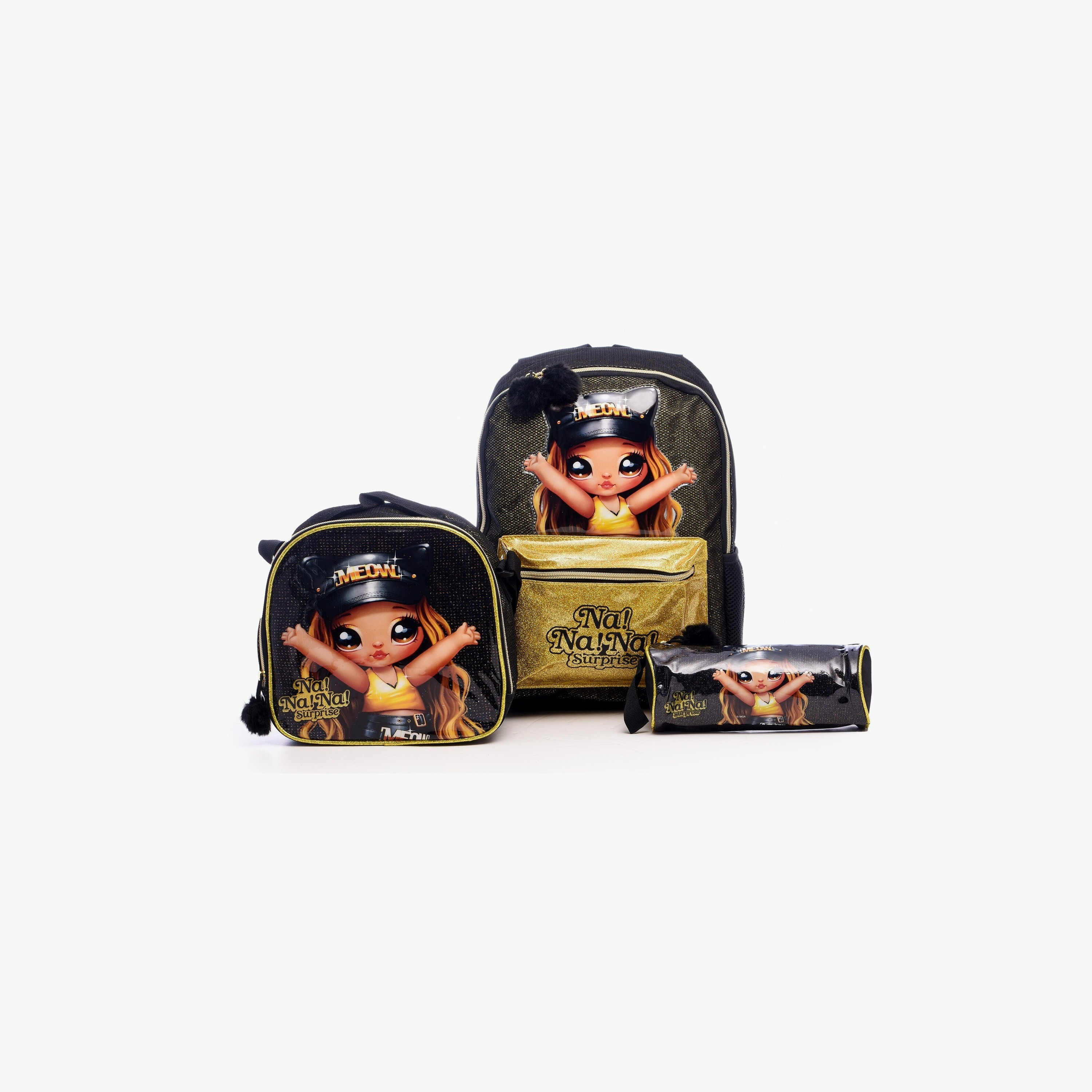 NANANA Printed Backpack & Lunch Bag with Pencil Case - Black - 14 Inch-school-bagsandbackpacks-sets-image-1