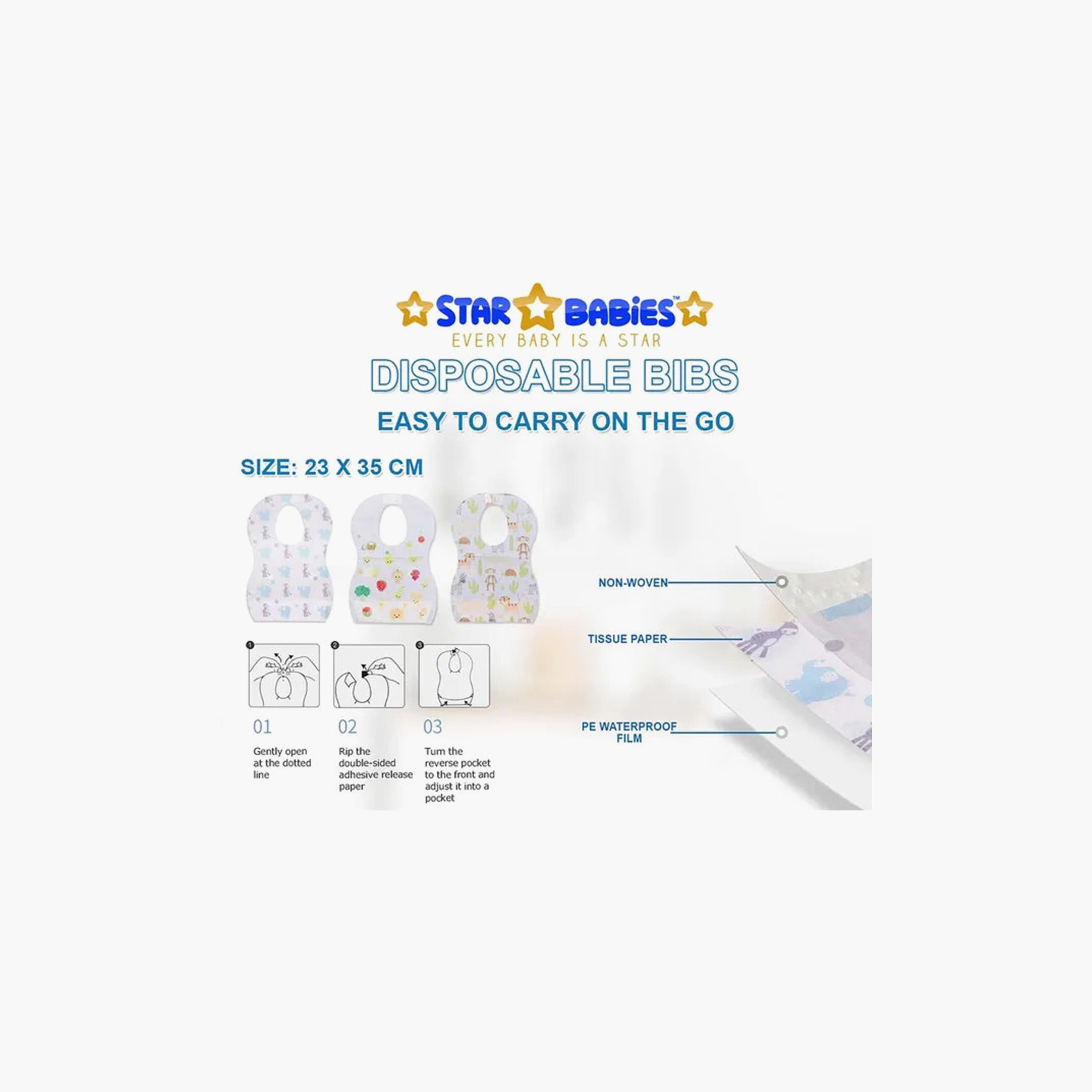 مريلة مطبوعة بنقشة حيوانات، 15 قطعة للاستخدام مرة واحدة من ستار بيبيز-baby-feeding-bibs-image-3