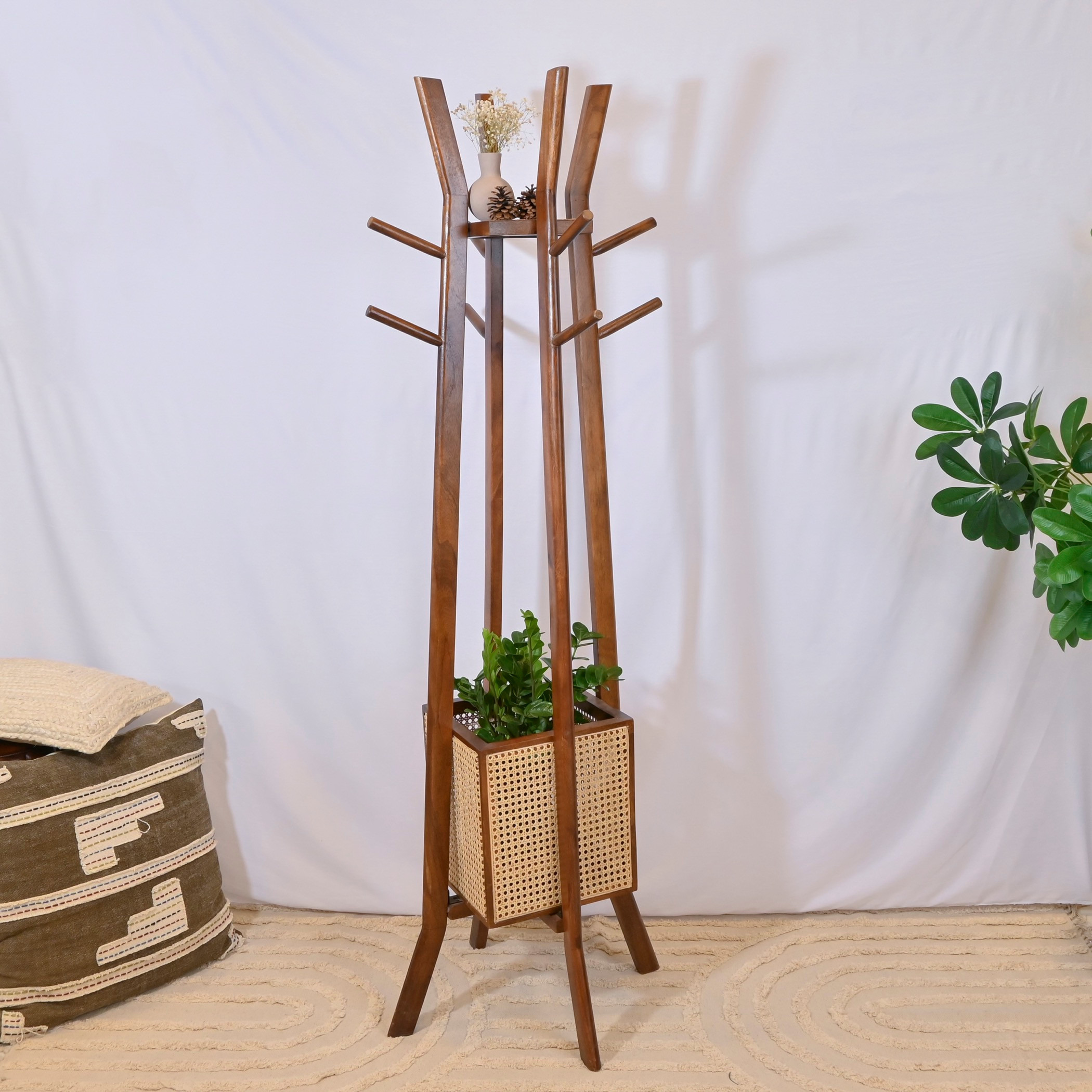 Crafted by Lifestyle Wooden Coat Hanger with Rattan Basket - 185 cms-household-storage-storagesolutions-tallhangers-image-1