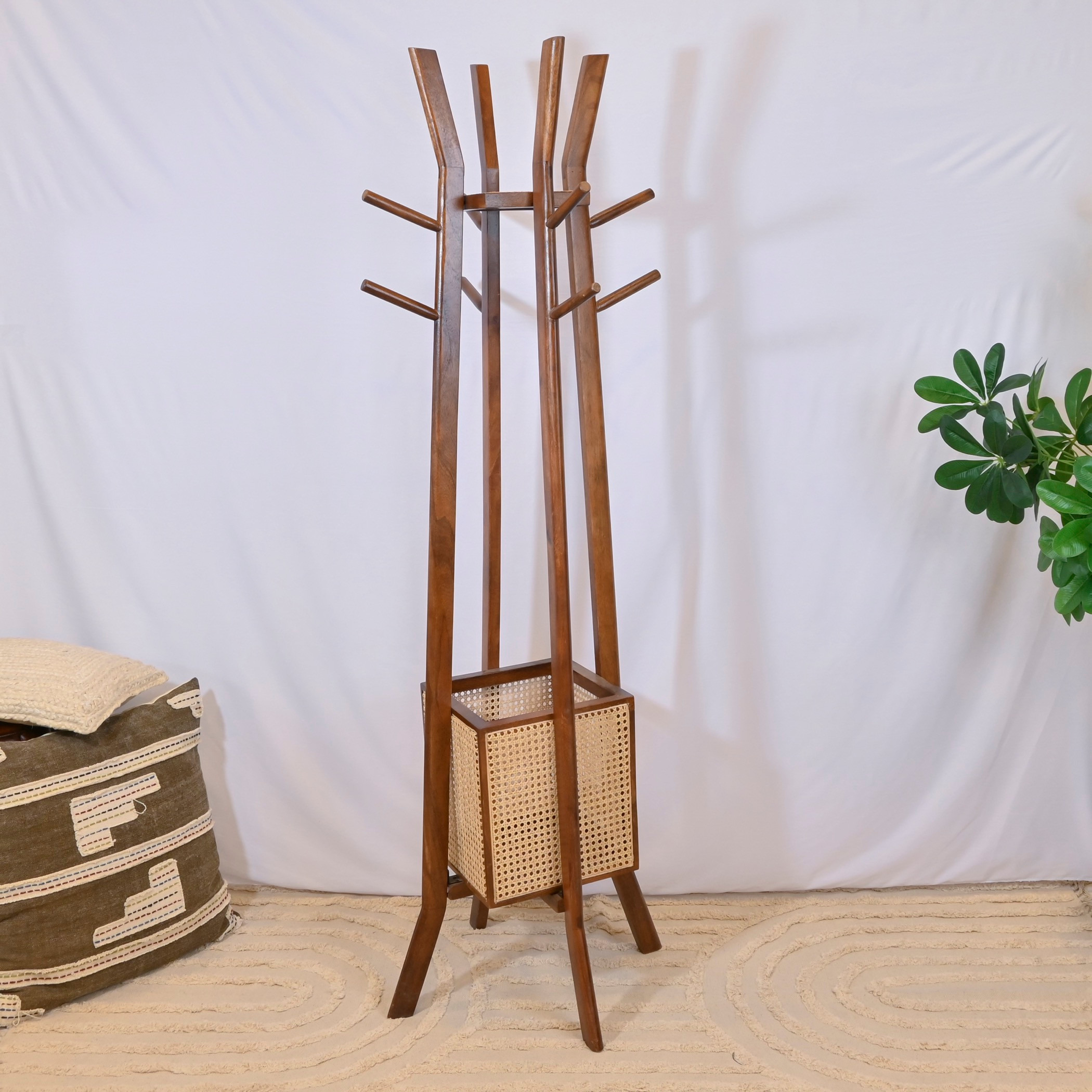Crafted by Lifestyle Wooden Coat Hanger with Rattan Basket - 185 cms-household-storage-storagesolutions-tallhangers-image-2