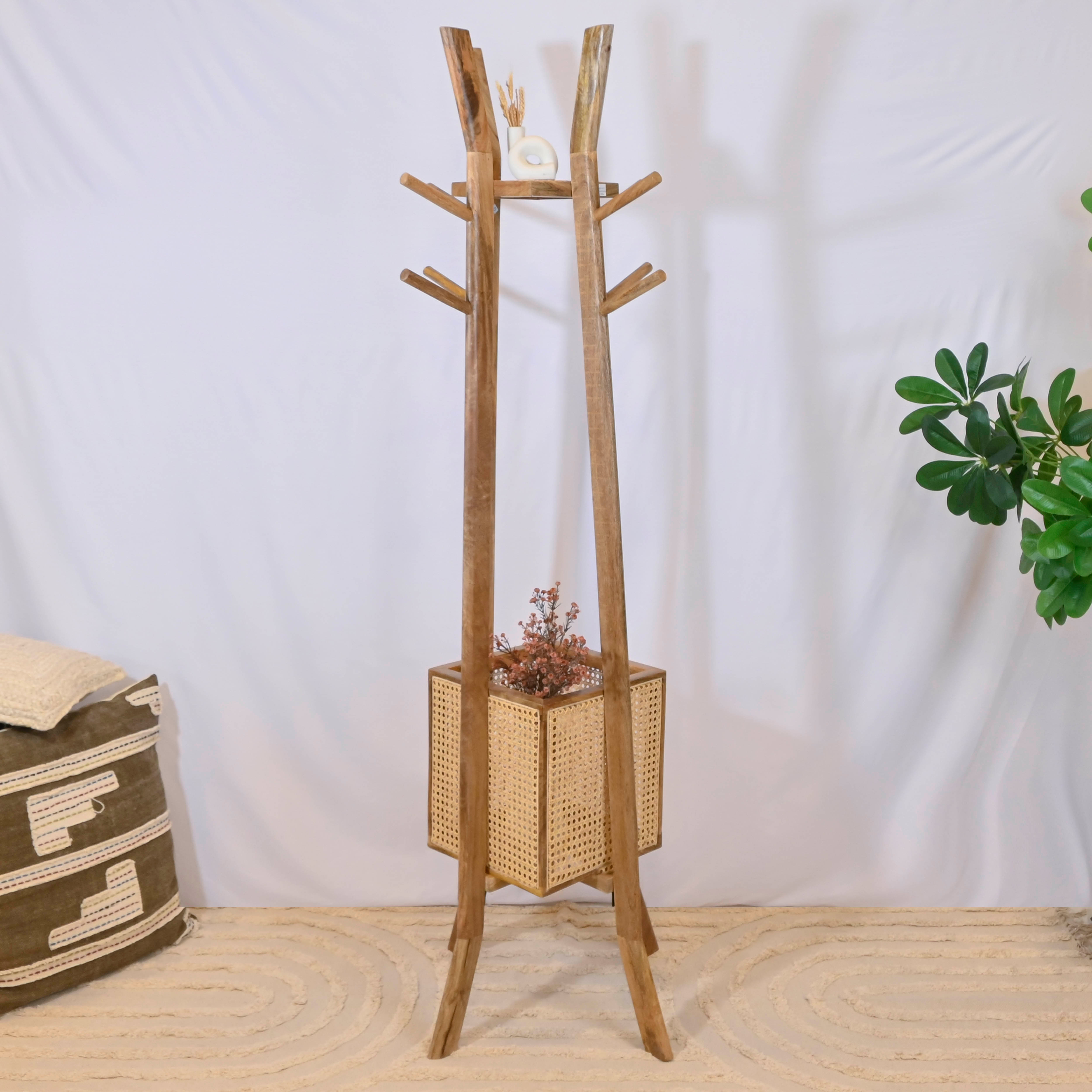 Crafted by Lifestyle Wooden Coat Hanger with Rattan Basket - 185 cms-household-storage-storagesolutions-tallhangers-image-1