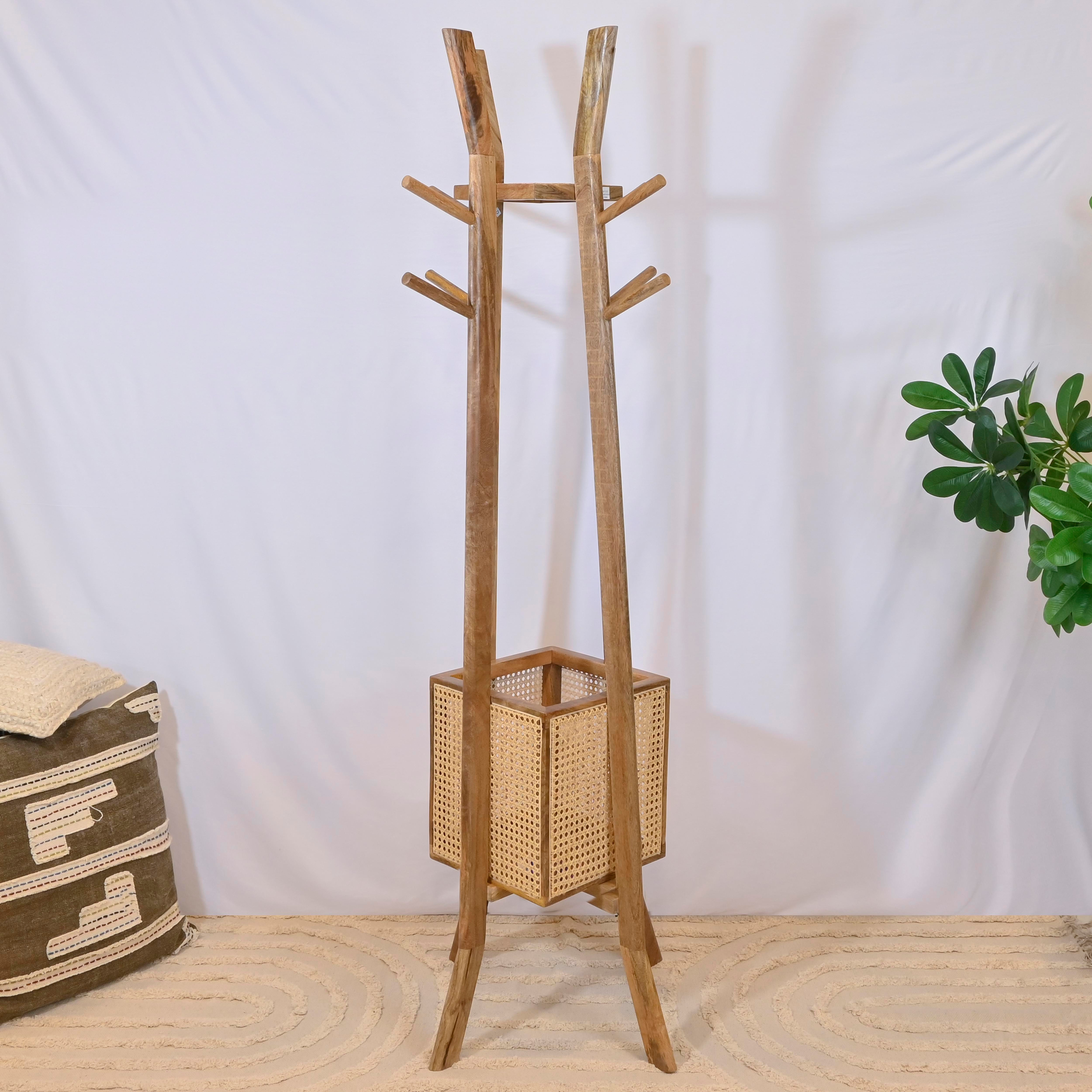 Crafted by Lifestyle Wooden Coat Hanger with Rattan Basket - 185 cms-household-storage-storagesolutions-tallhangers-image-2