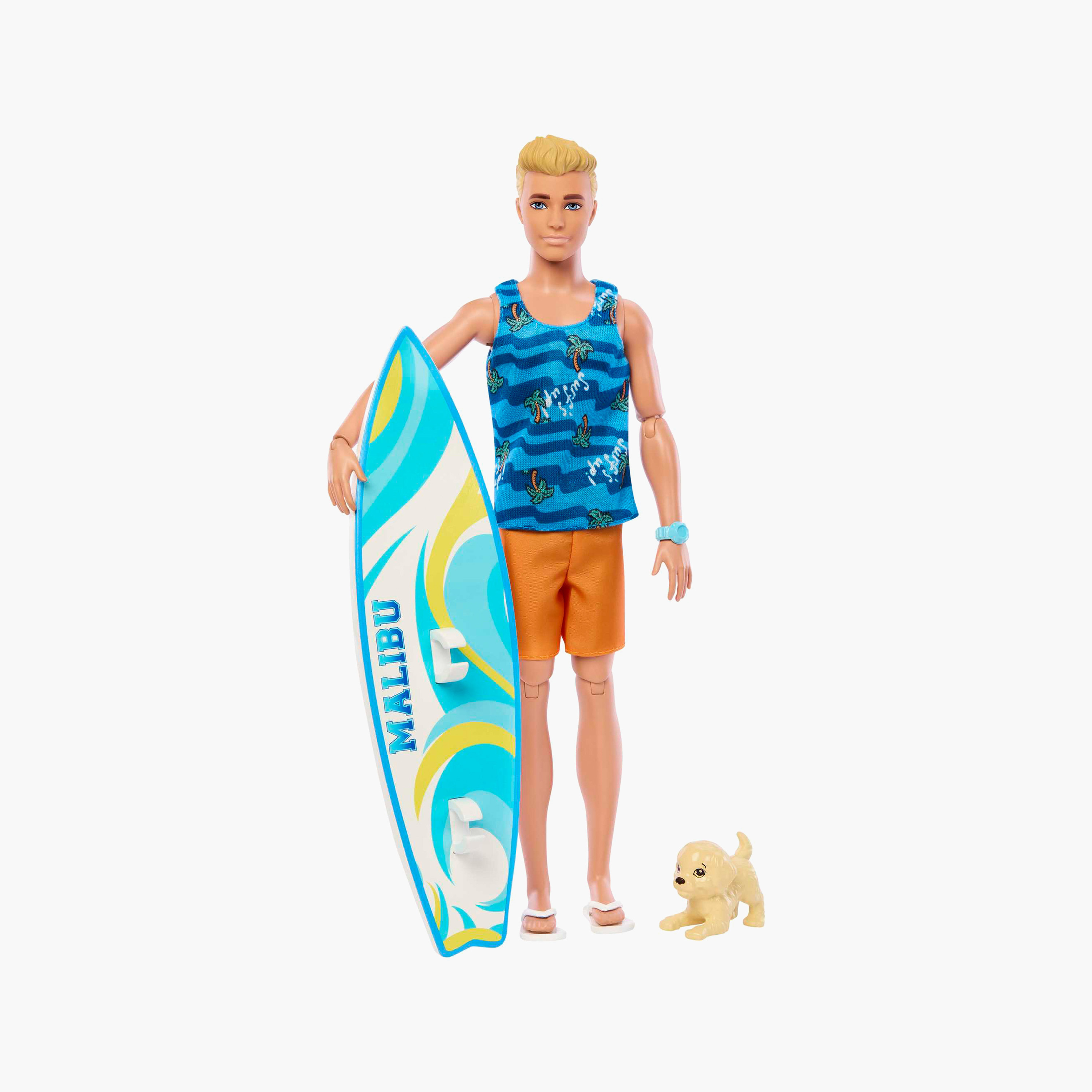 Ken Doll with Surfboard and Pet Puppy, Poseable Blonde Barbie Beach Doll with Themed Accessories-toys-dollsandplaysets-dollplaysets-image-1