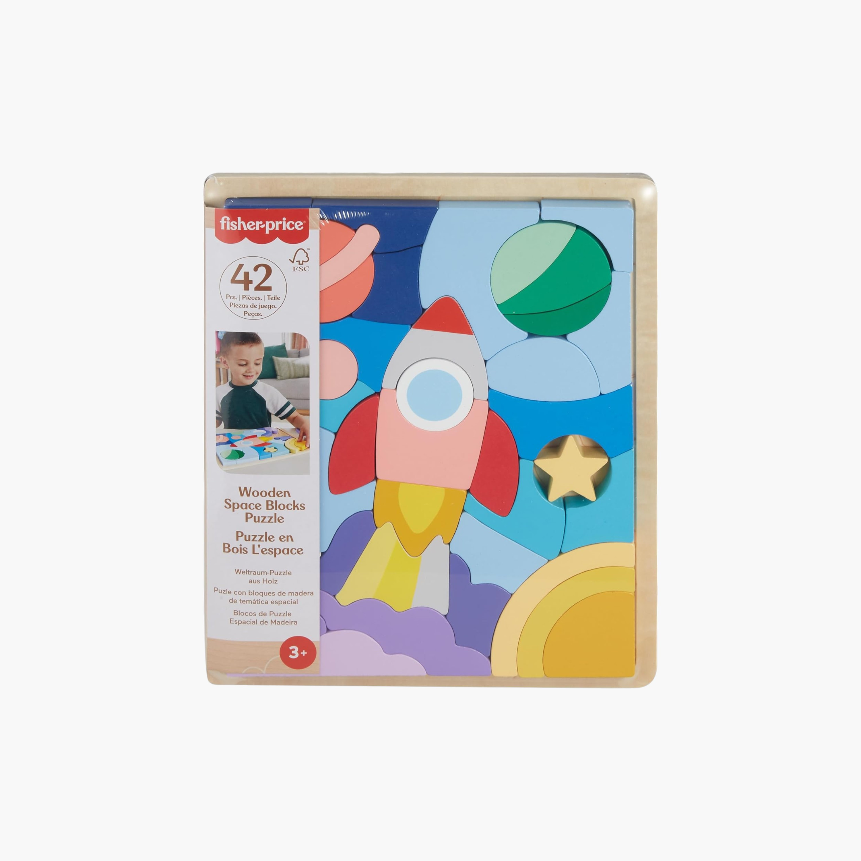 Fisher-Price Wood Preschool Toy Space Blocks Jigsaw Puzzle, 42 Stackable Pieces, Kids Ages 3+ Years-toys-indoortoys-puzzles-image-1
