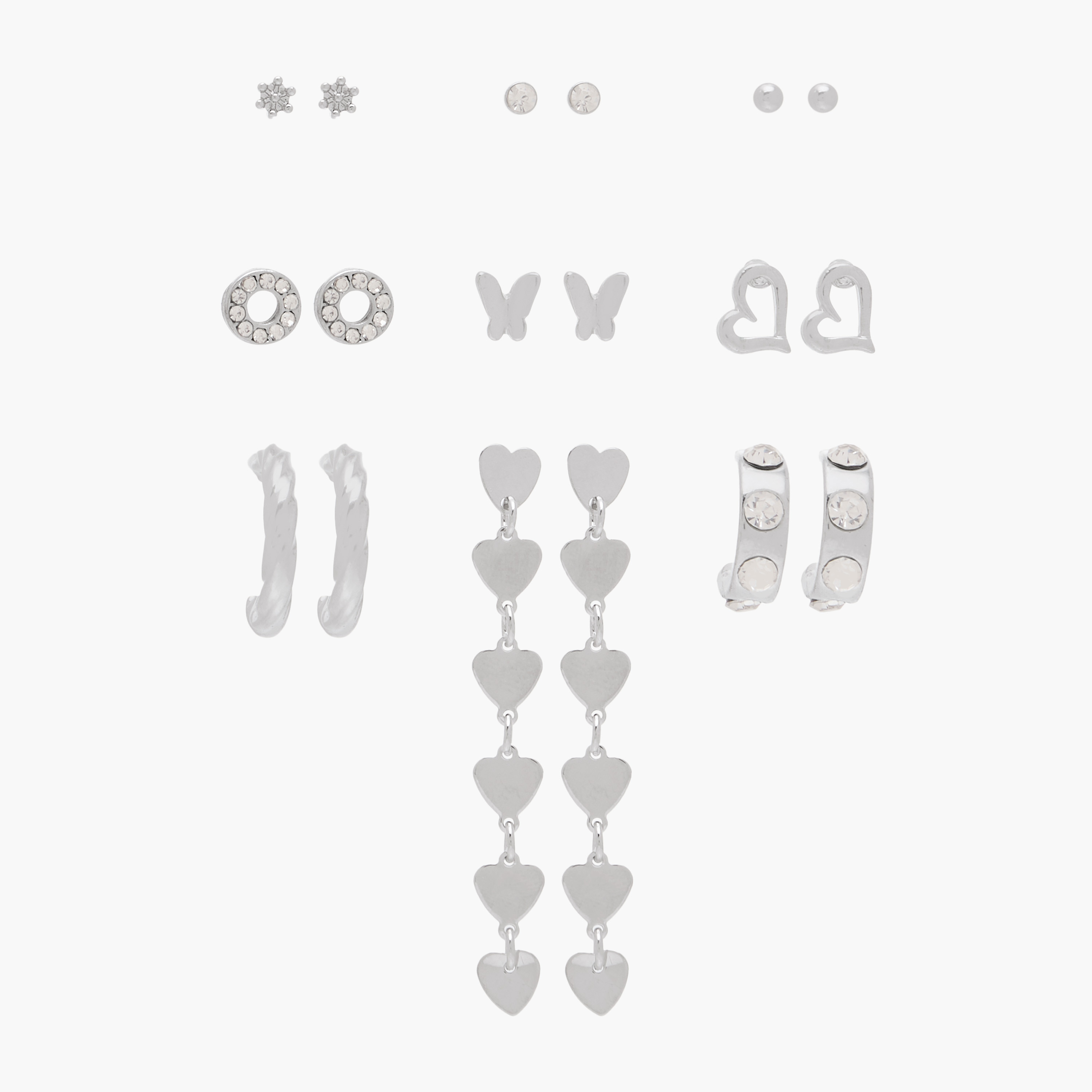 Pack of 9 Silver Tone Assorted Earrings with Pushback Closure-women-watchesandjewellery-jewellery-earrings-image-1